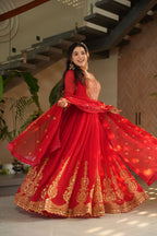Jyoti Fashion Red Faux Blooming Embroidered Anarkali Set with Dupatta