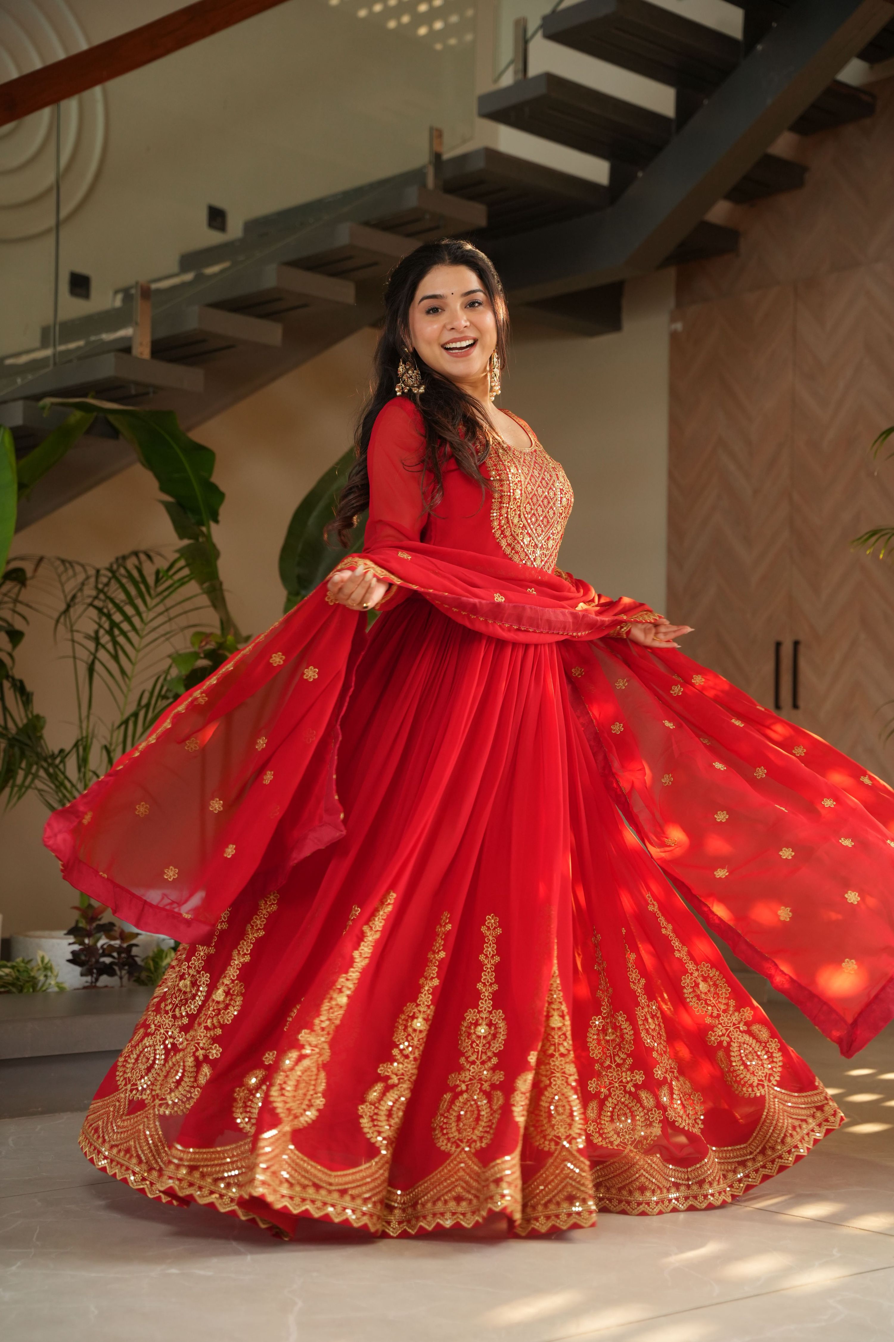 Jyoti Fashion Red Faux Blooming Embroidered Anarkali Set with Dupatta
