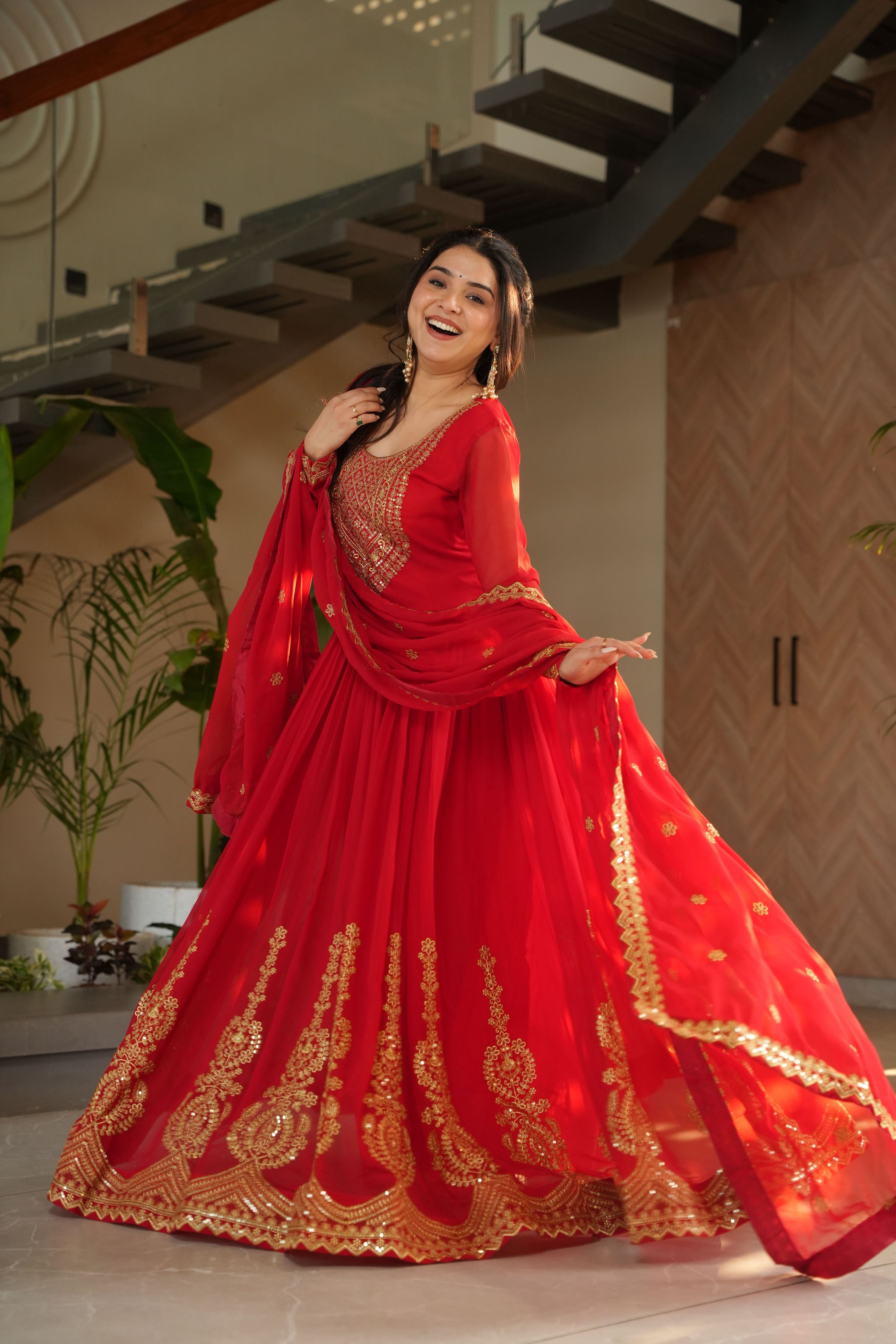 Jyoti Fashion Red Faux Blooming Embroidered Anarkali Set with Dupatta