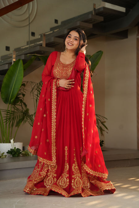 Jyoti Fashion Red Faux Blooming Embroidered Anarkali Set with Dupatta