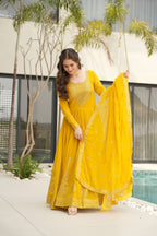 Jyoti Fashion Yellow Faux Blooming Embroidered Anarkali Set with Dupatta