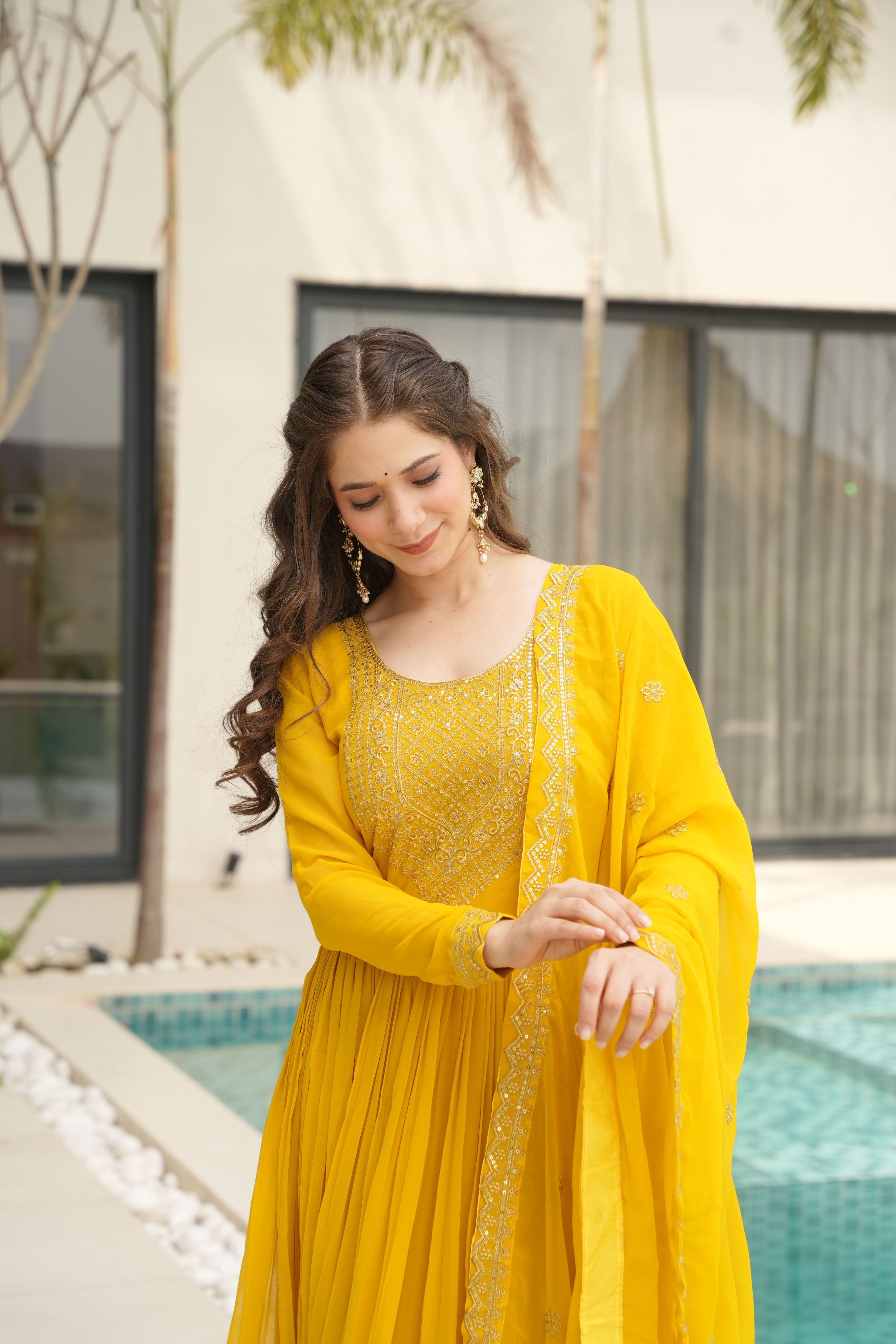 Jyoti Fashion Yellow Faux Blooming Embroidered Anarkali Set with Dupatta