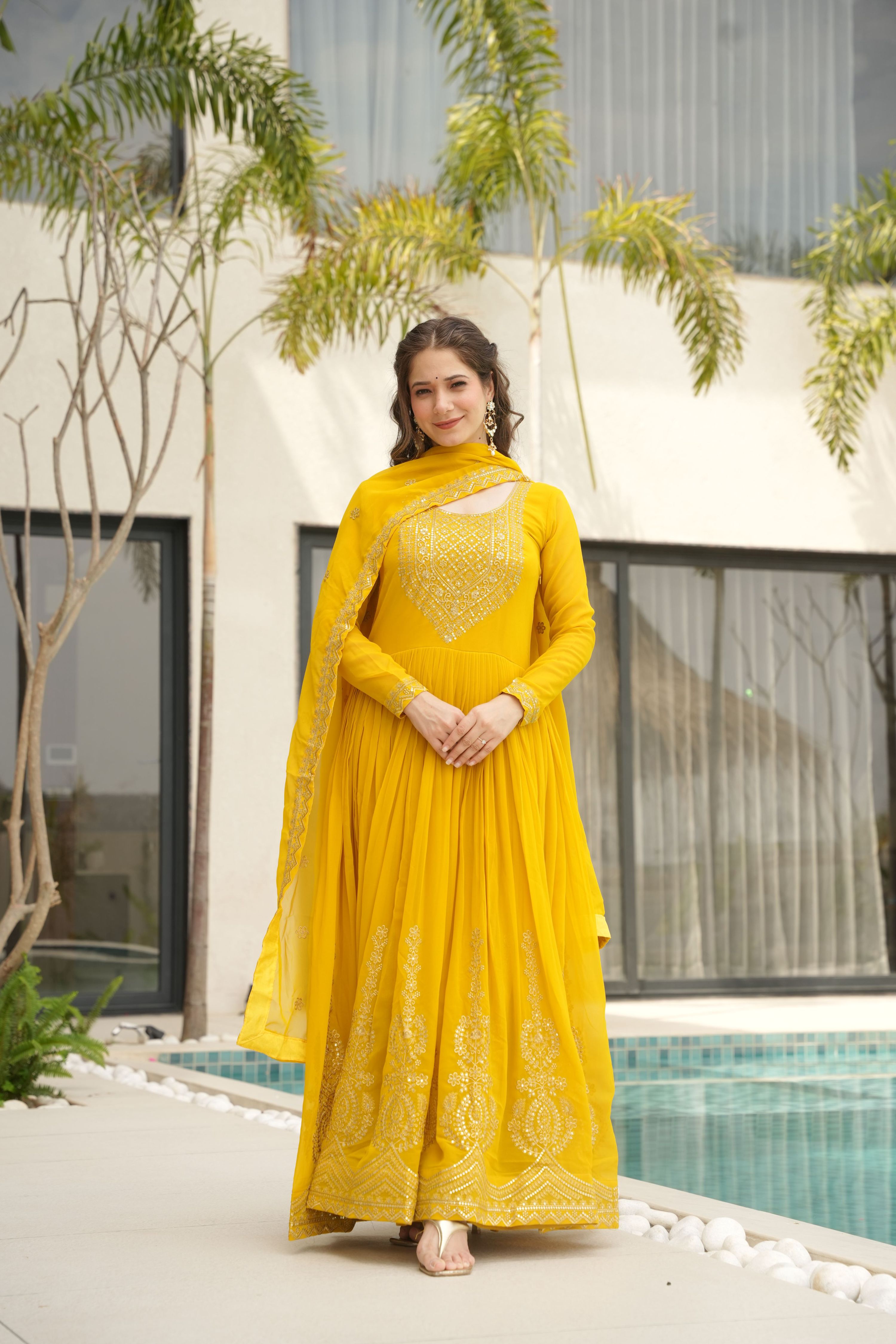 Jyoti Fashion Yellow Faux Blooming Embroidered Anarkali Set with Dupatta