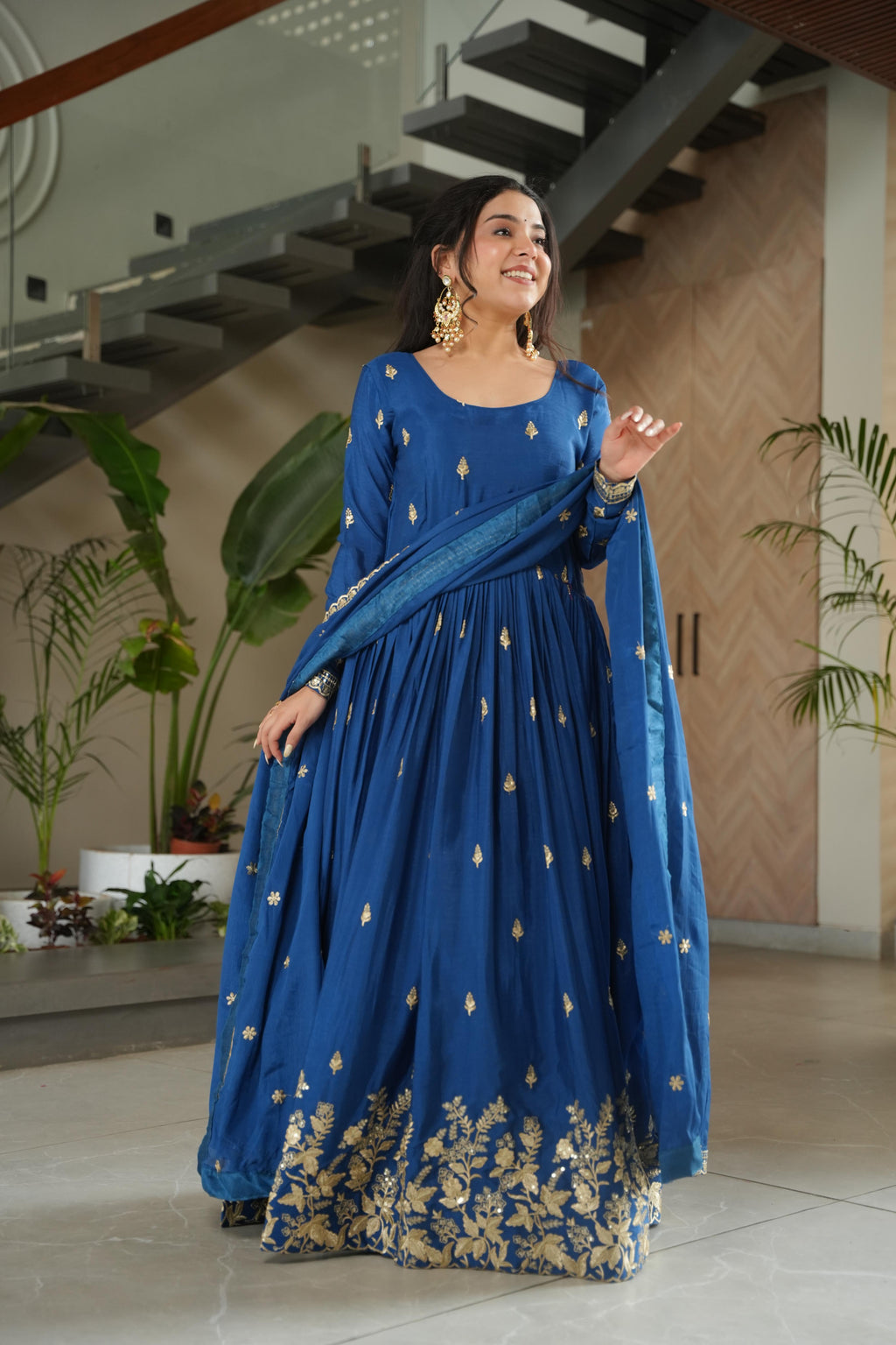 Jyoti Fashion Blue Chinon Sequins Embroidered Anarkali Set with Dupatta