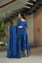 Jyoti Fashion Blue Chinon Sequins Embroidered Anarkali Set with Dupatta