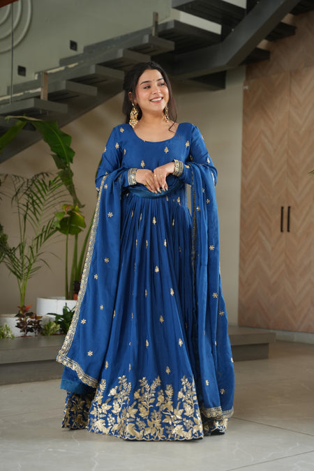Jyoti Fashion Blue Chinon Sequins Embroidered Anarkali Set with Dupatta