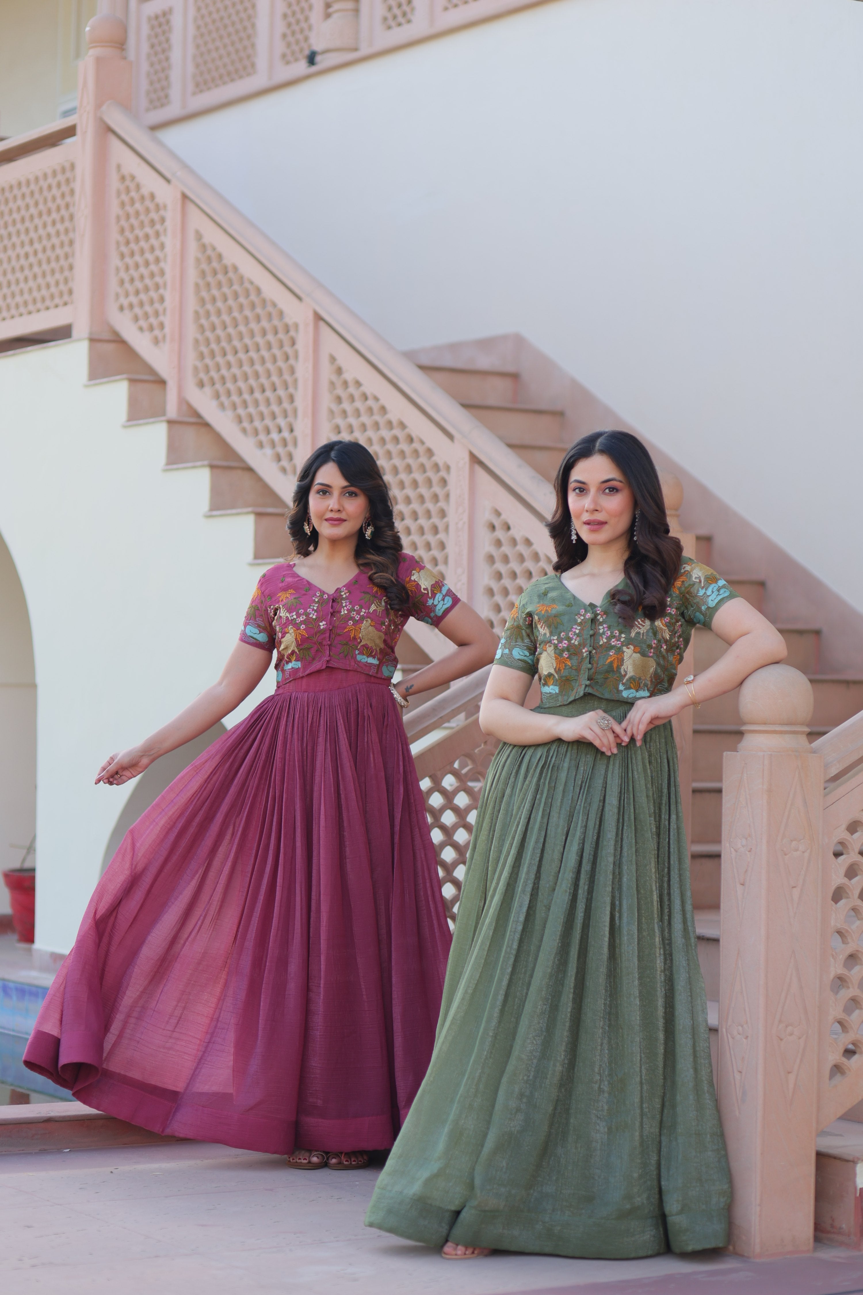 Jyoti Fashion Onion & Green Silver Crunchy Designer Combo Anarkali Set with Koti