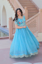 Jyoti Fashion Sky Blue Gold Crush Thread Embroidered Anarkali Set