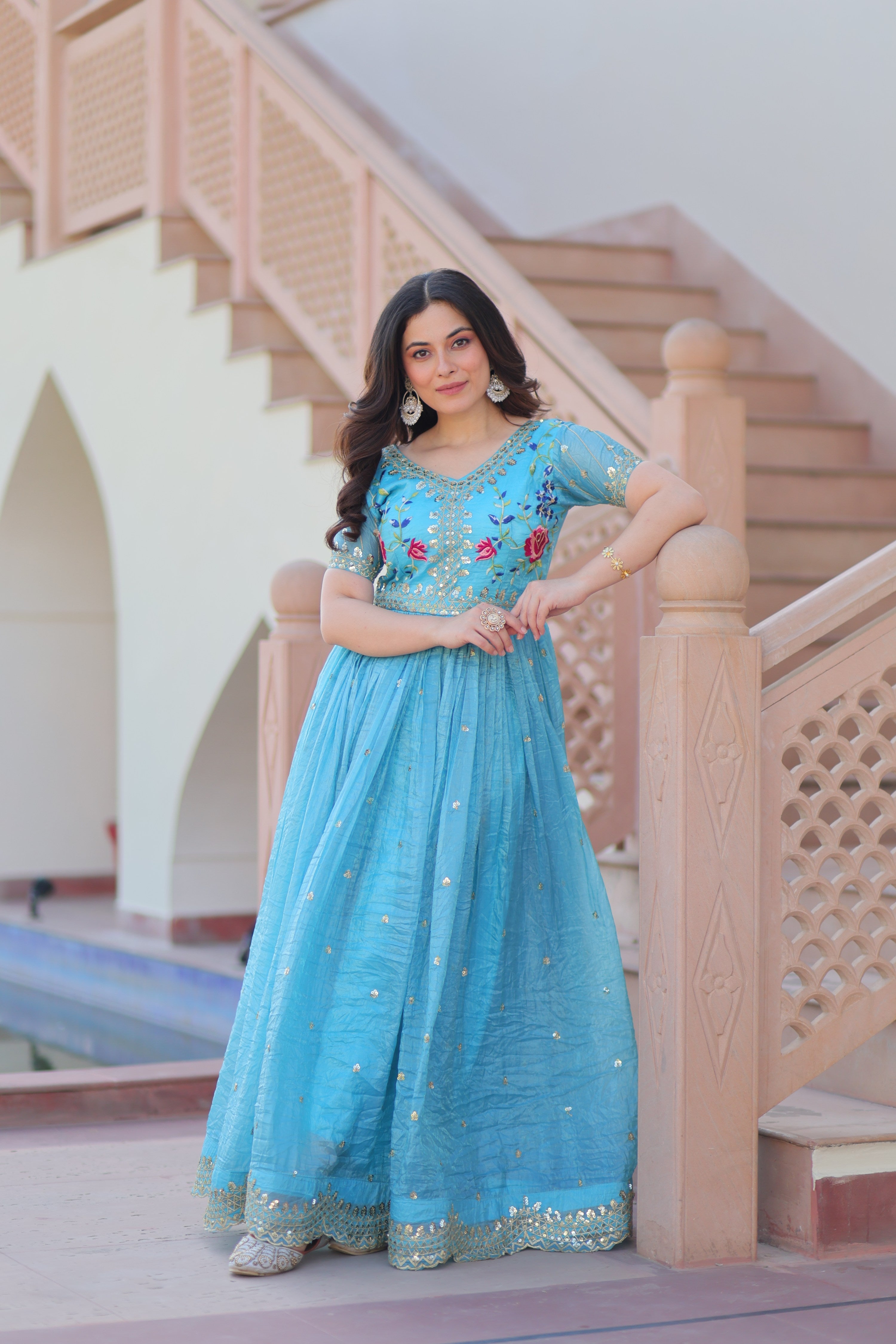 Jyoti Fashion Sky Blue Gold Crush Thread Embroidered Anarkali Set