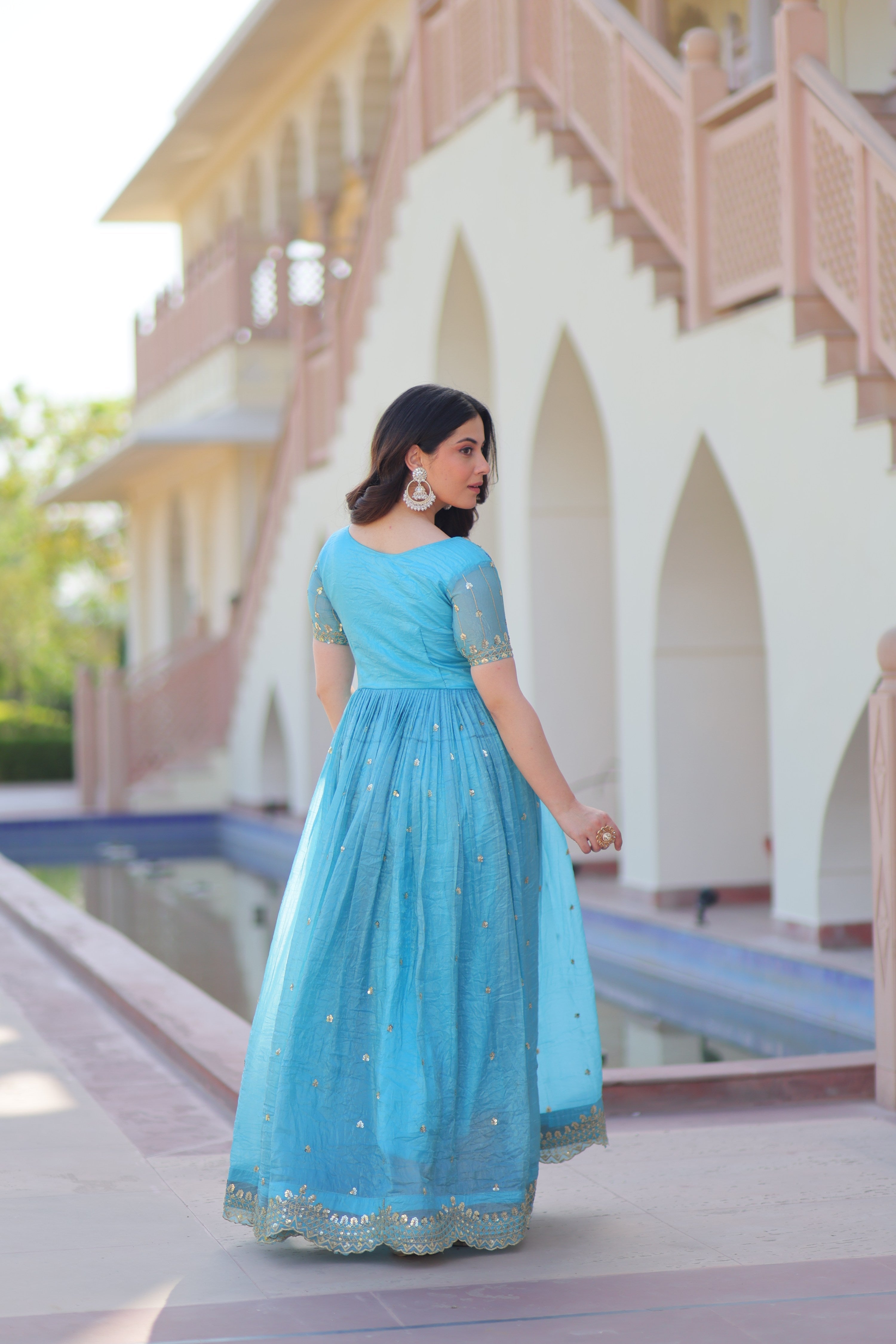 Jyoti Fashion Sky Blue Gold Crush Thread Embroidered Anarkali Set