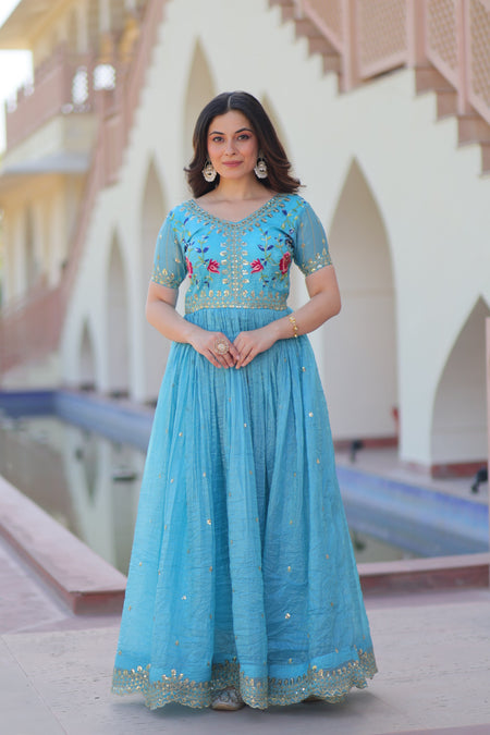 Jyoti Fashion Sky Blue Gold Crush Thread Embroidered Anarkali Set