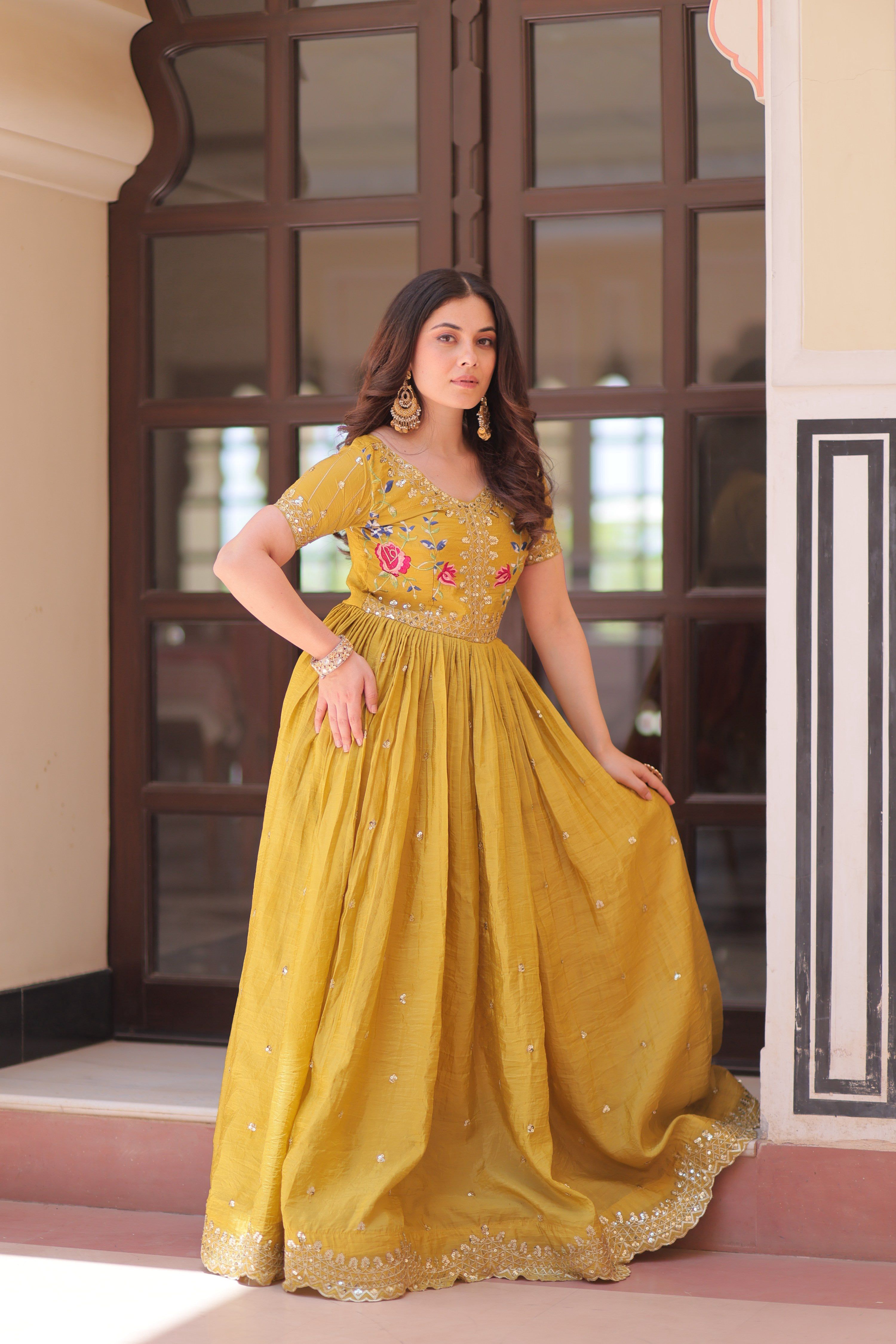Jyoti Fashion Mustard Gold Crush Thread Embroidered Anarkali Set