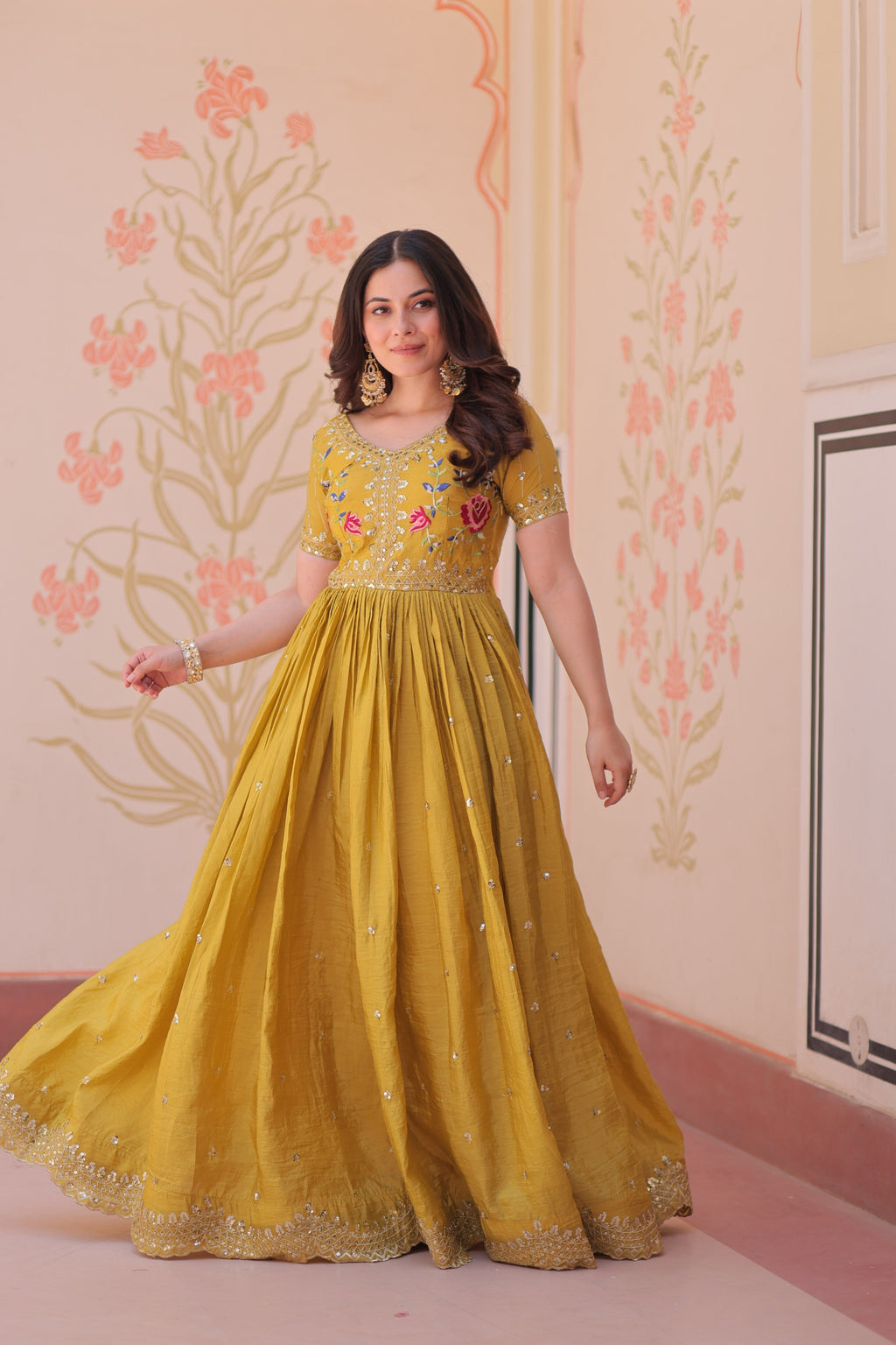 Jyoti Fashion Mustard Gold Crush Thread Embroidered Anarkali Set