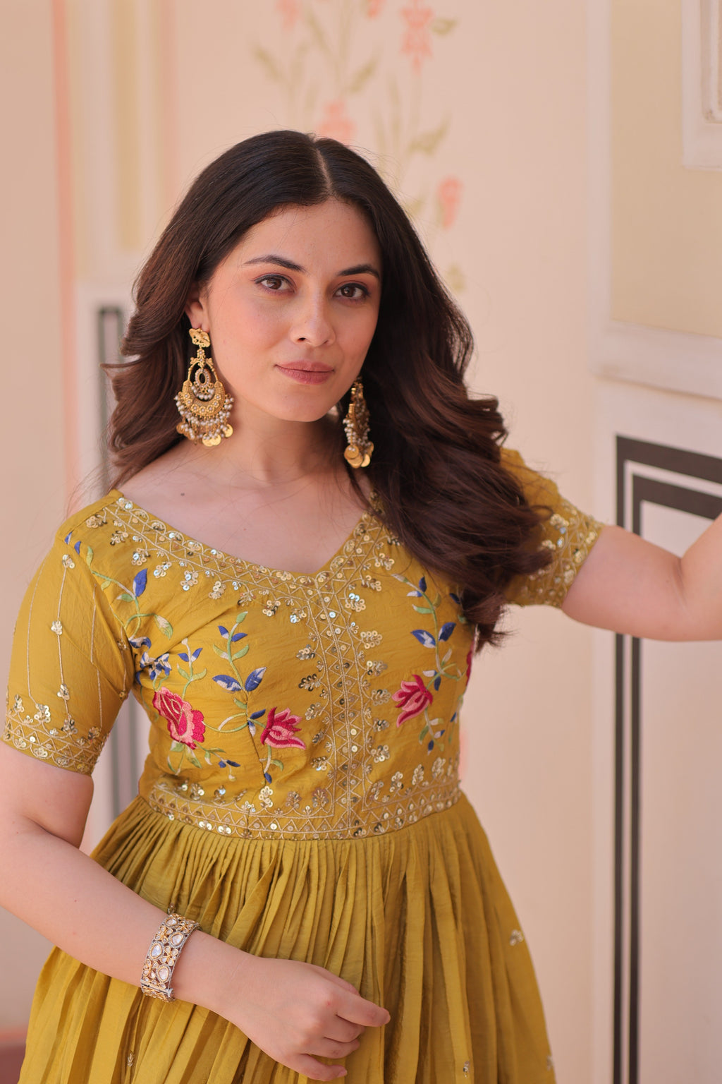Jyoti Fashion Mustard Gold Crush Thread Embroidered Anarkali Set