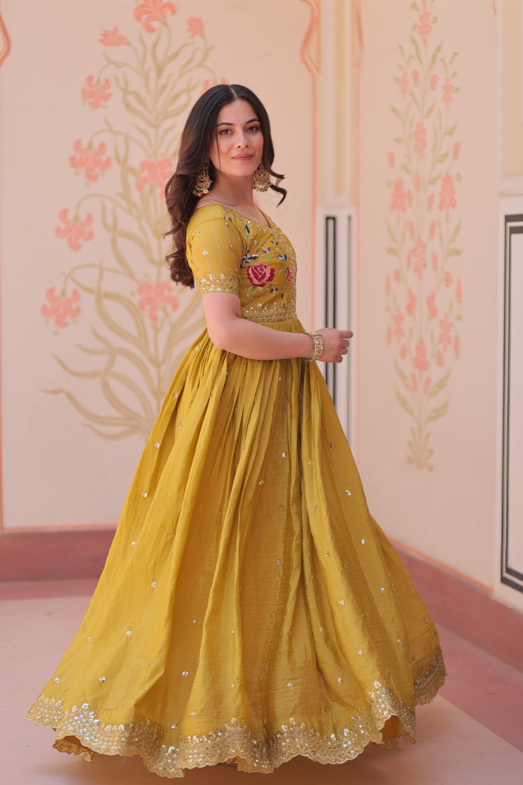 Jyoti Fashion Mustard Gold Crush Thread Embroidered Anarkali Set