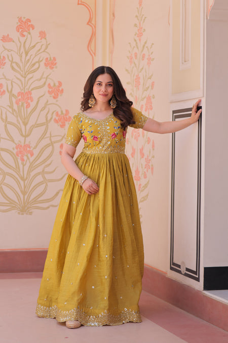 Jyoti Fashion Mustard Gold Crush Thread Embroidered Anarkali Set