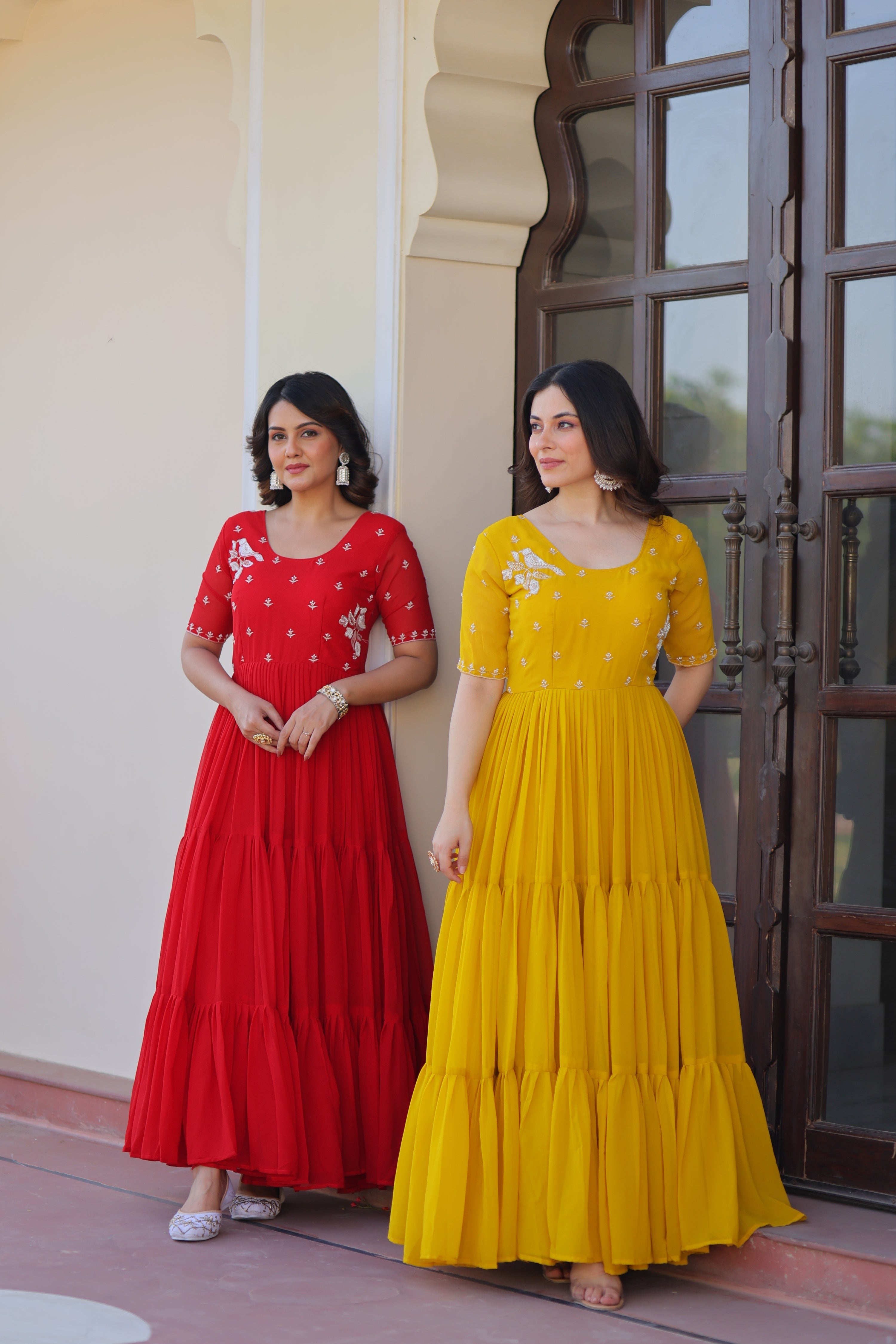 Jyoti Fashion Red & Yellow Faux Blooming Beads Embroidered Combo Anarkali Set