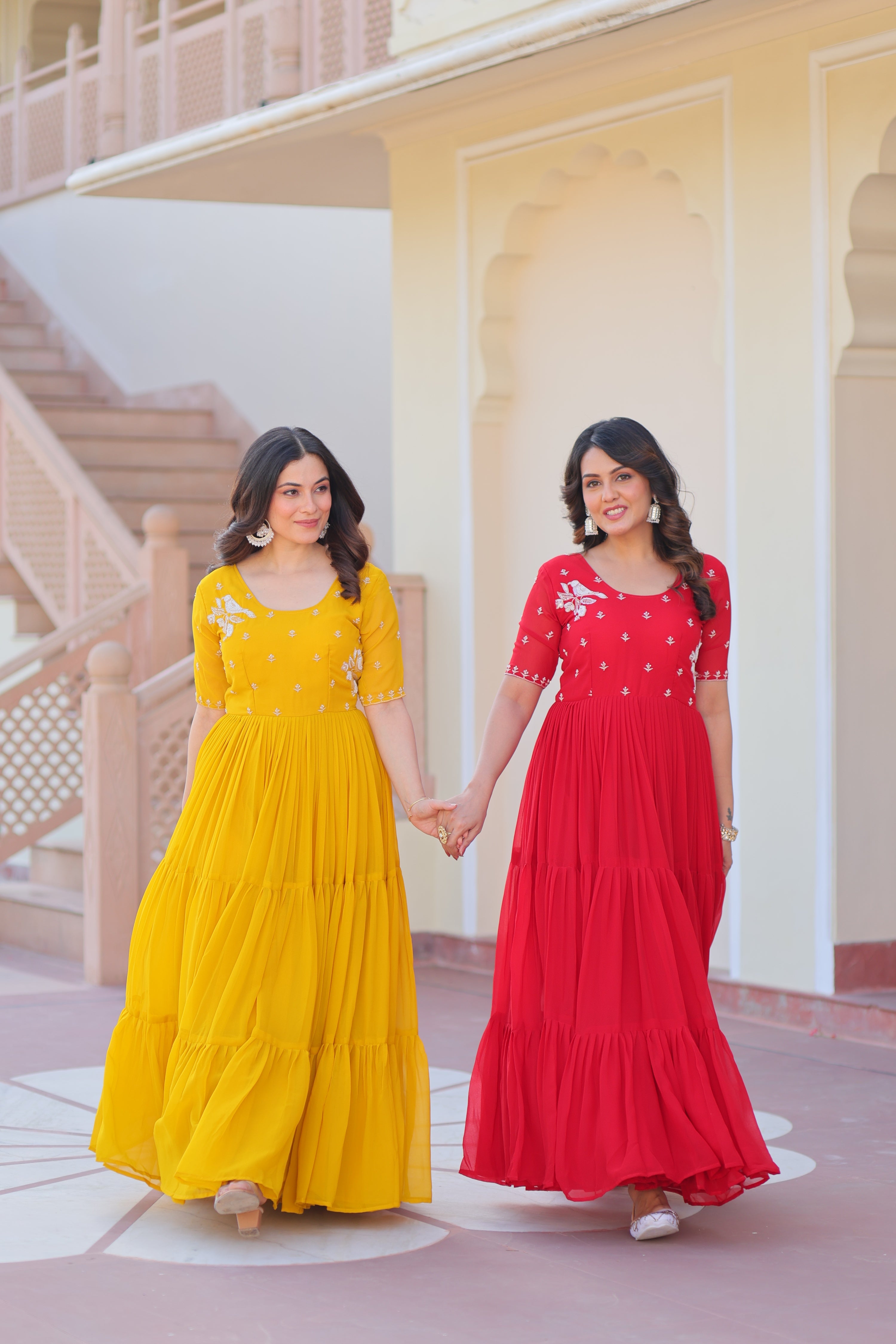 Jyoti Fashion Red & Yellow Faux Blooming Beads Embroidered Combo Anarkali Set