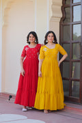 Jyoti Fashion Red & Yellow Faux Blooming Beads Embroidered Combo Anarkali Set