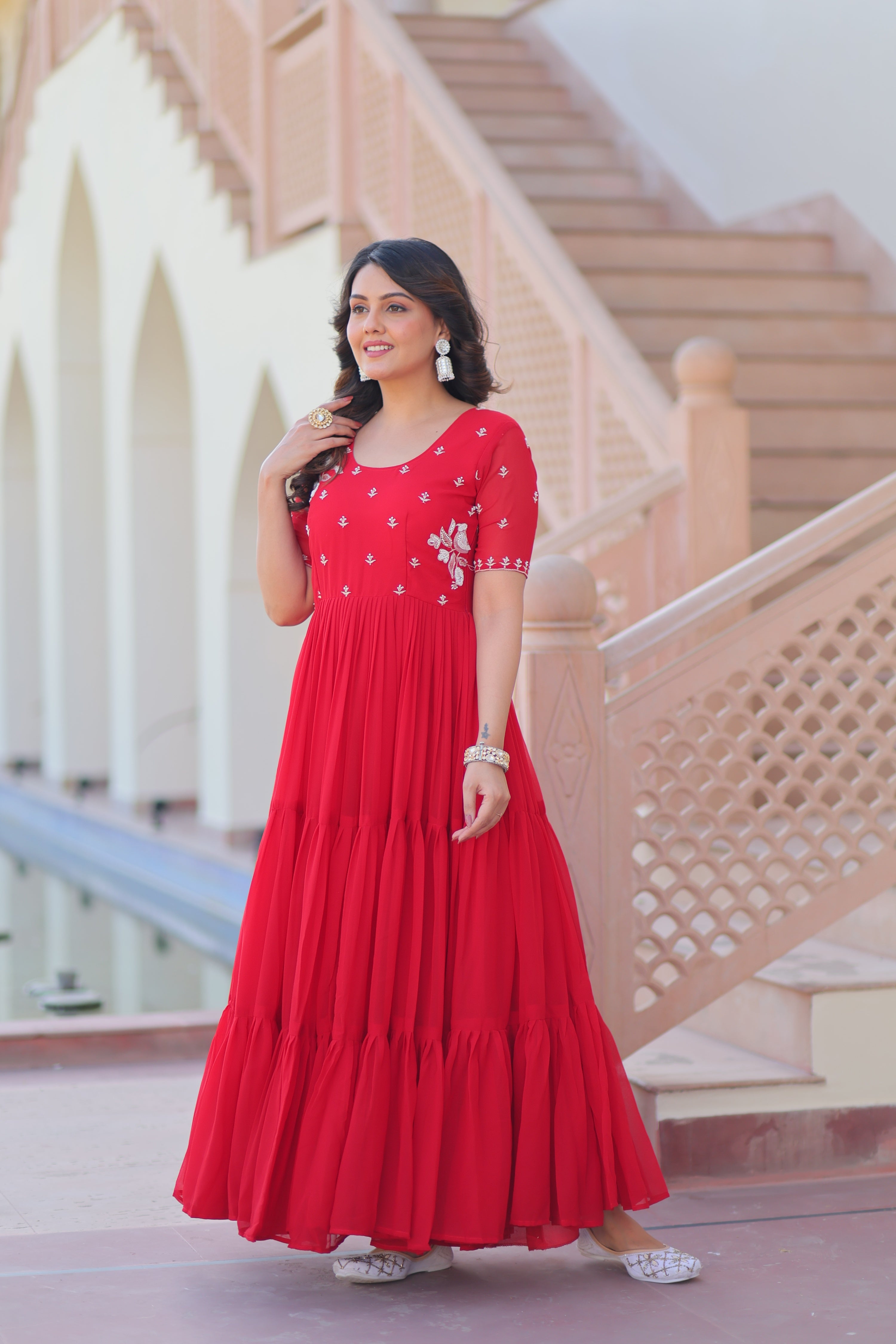 Jyoti Fashion Red Faux Blooming Beads Embroidered Anarkali Set