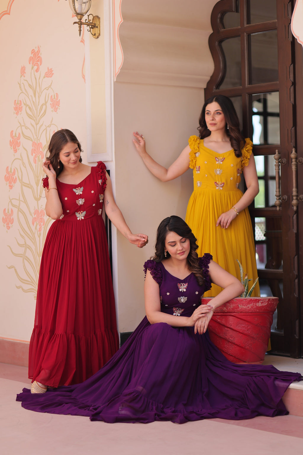 Jyoti Fashion Maroon Yellow & Purple Faux Blooming Beads Embroidered Combo Anarkali Set