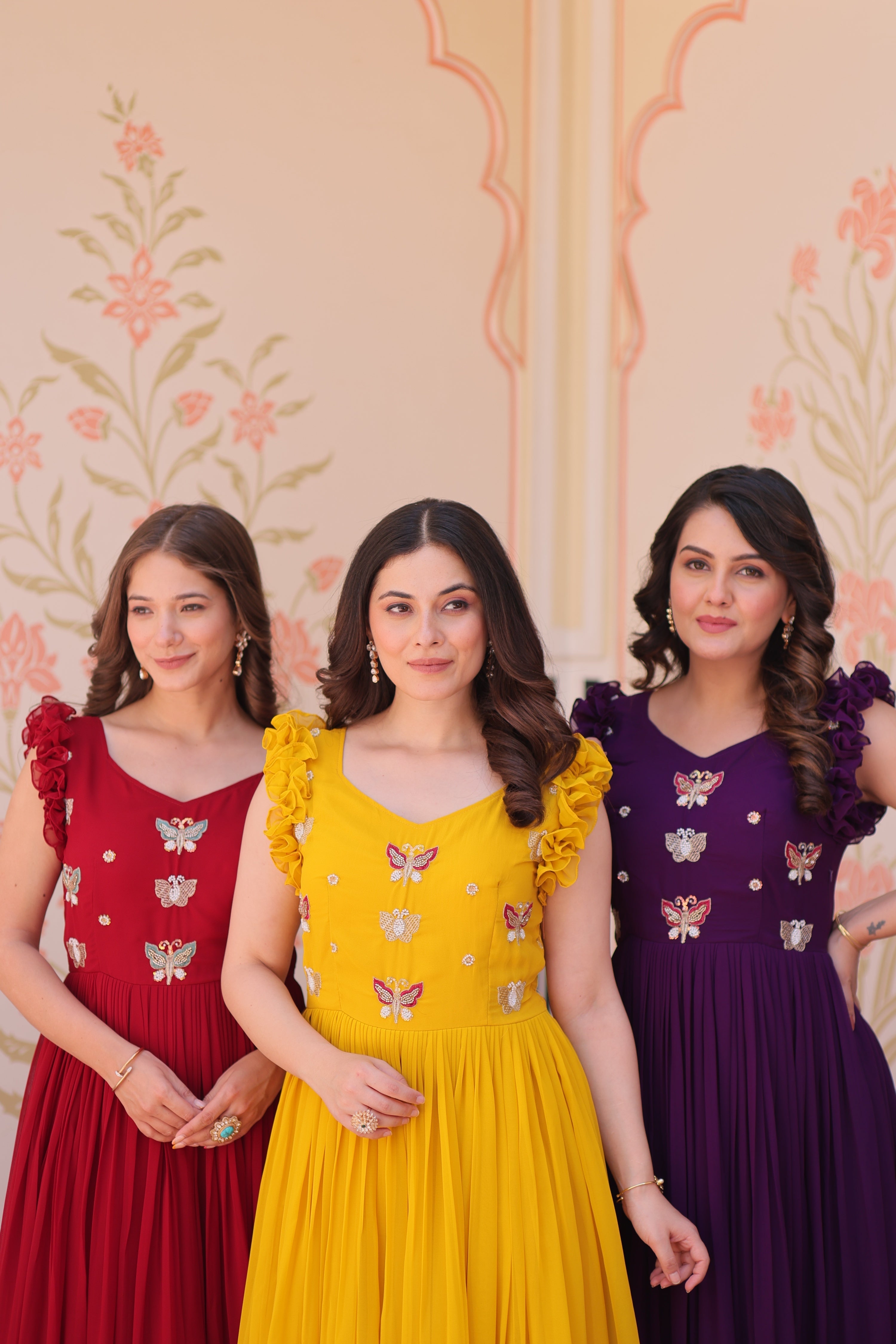 Jyoti Fashion Maroon Yellow & Purple Faux Blooming Beads Embroidered Combo Anarkali Set