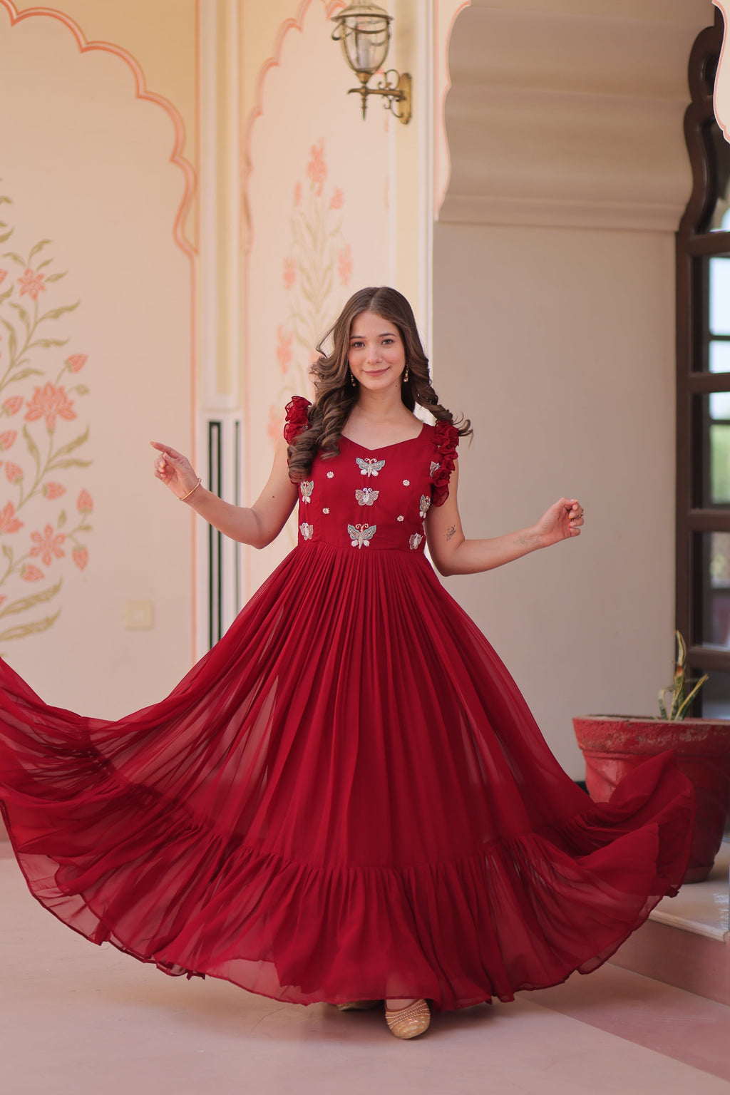 Jyoti Fashion Maroon Faux Blooming Beads Embroidered Anarkali Set