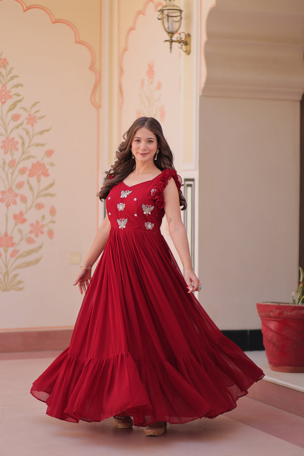 Jyoti Fashion Maroon Faux Blooming Beads Embroidered Anarkali Set