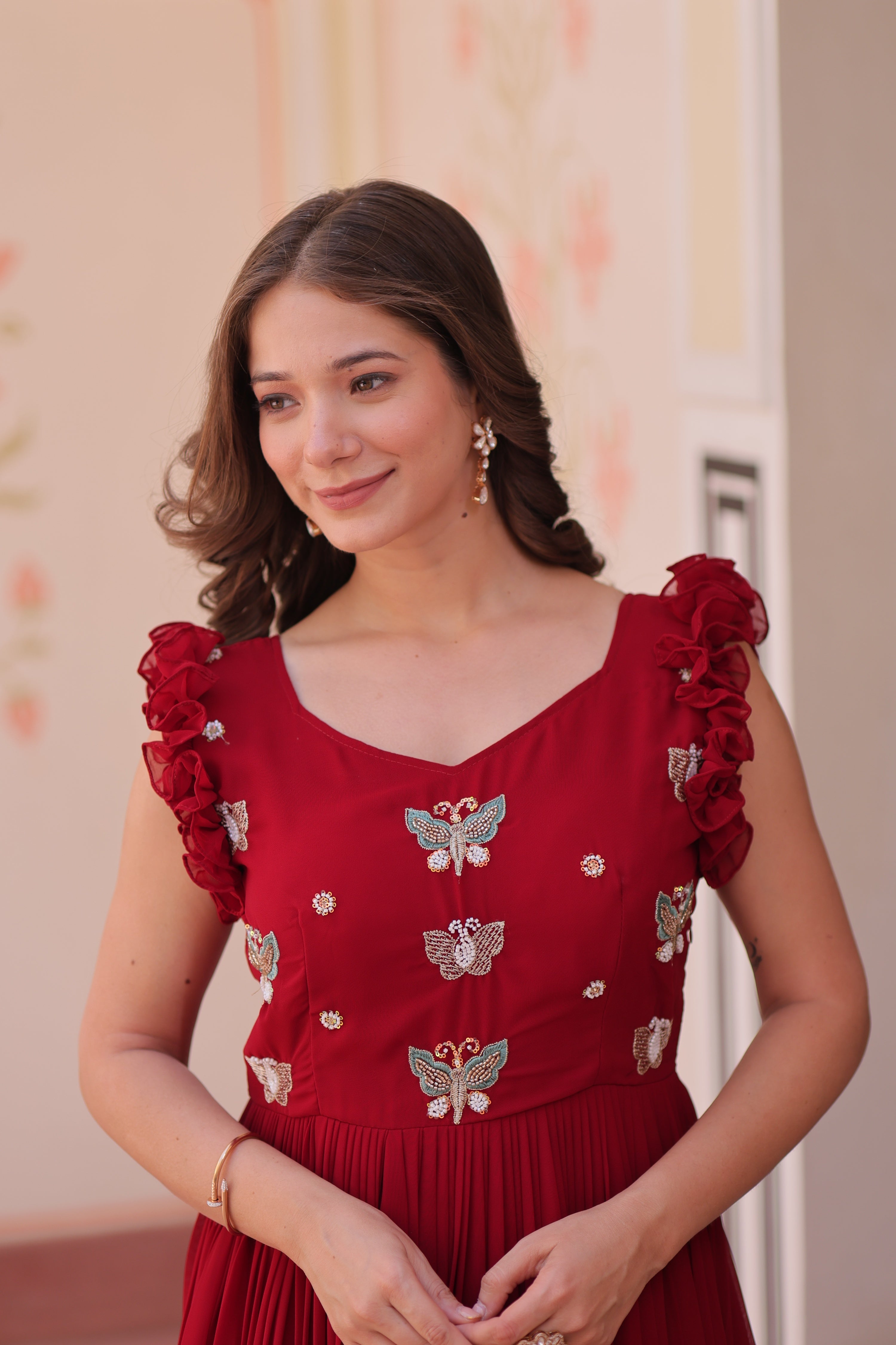 Jyoti Fashion Maroon Faux Blooming Beads Embroidered Anarkali Set