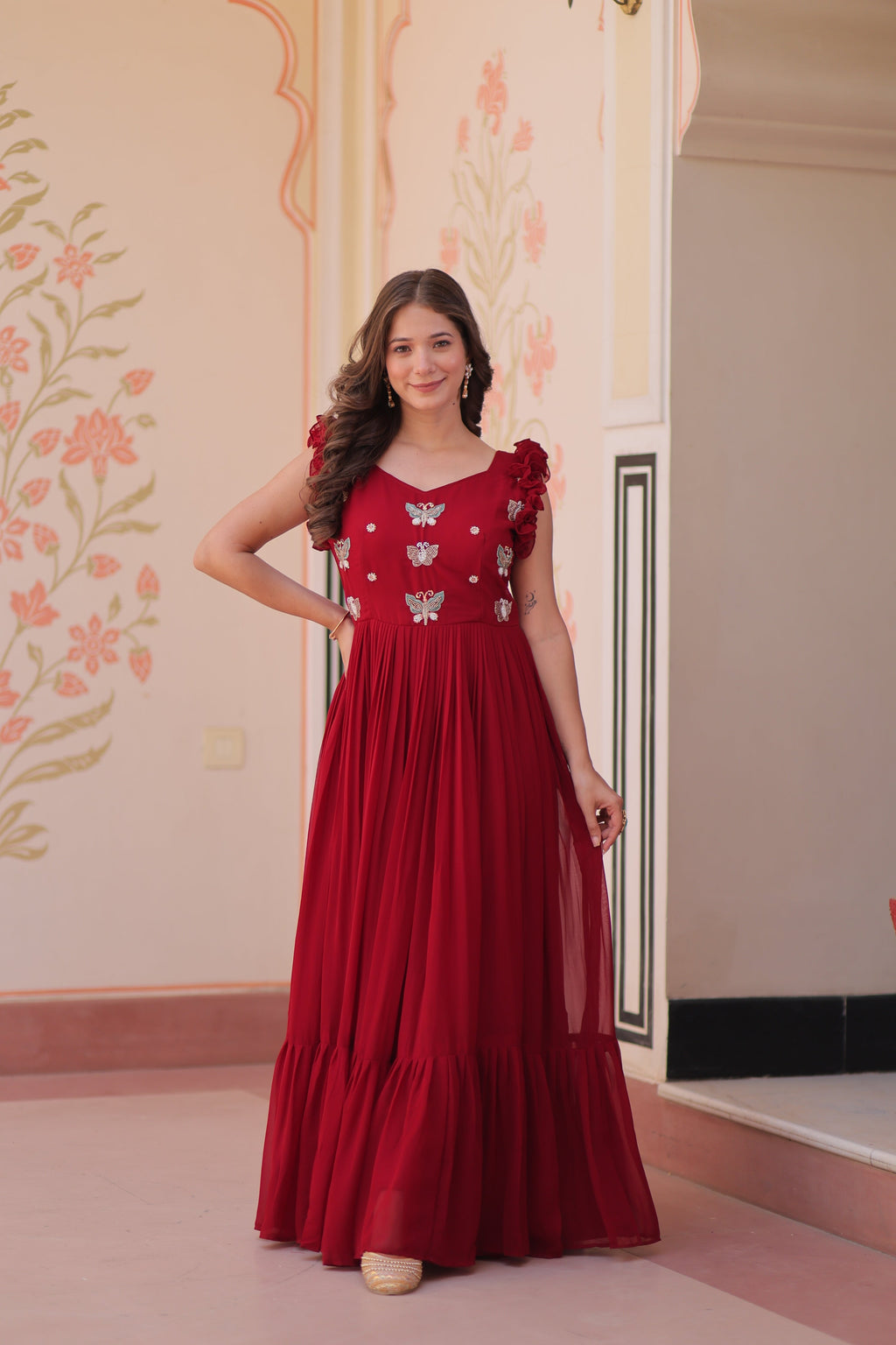 Jyoti Fashion Maroon Faux Blooming Beads Embroidered Anarkali Set