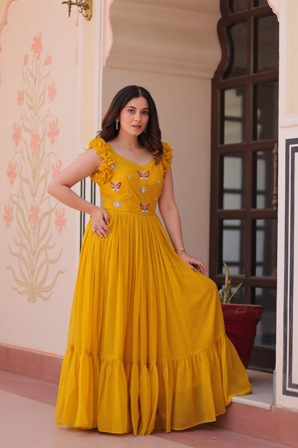 Jyoti Fashion Yellow Faux Blooming Beads Embroidered Anarkali Set