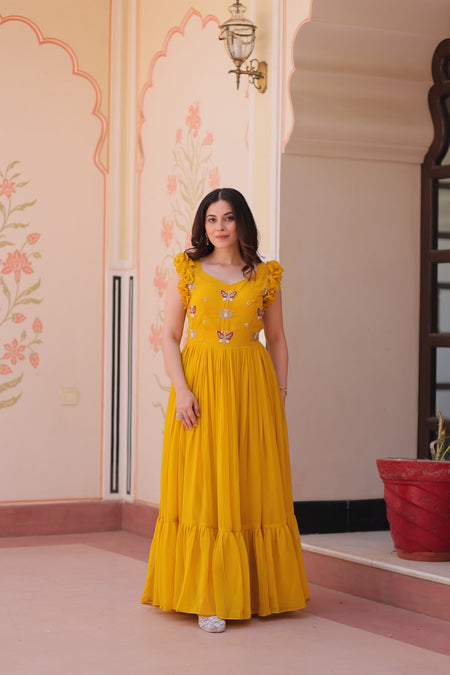 Jyoti Fashion Yellow Faux Blooming Beads Embroidered Anarkali Set
