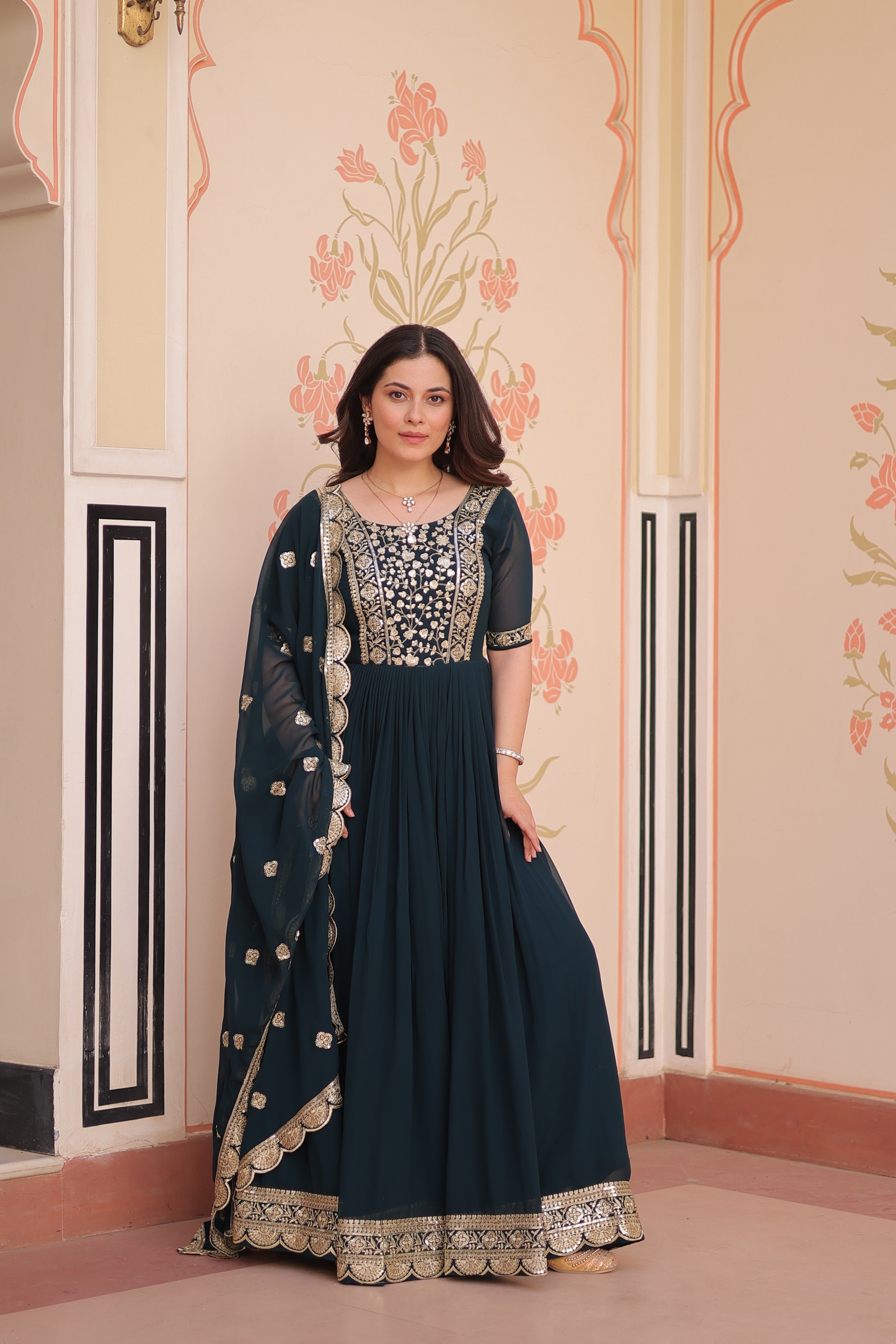 Jyoti Fashion Rama Faux Blooming Sequins Embroidered Anarkali Set with Dupatta