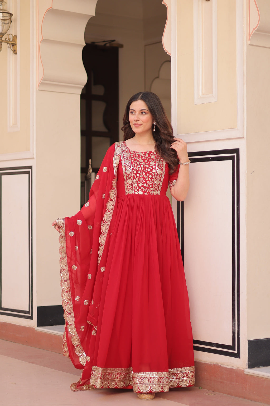 Jyoti Fashion Red Faux Blooming Sequins Embroidered Anarkali Set with Dupatta