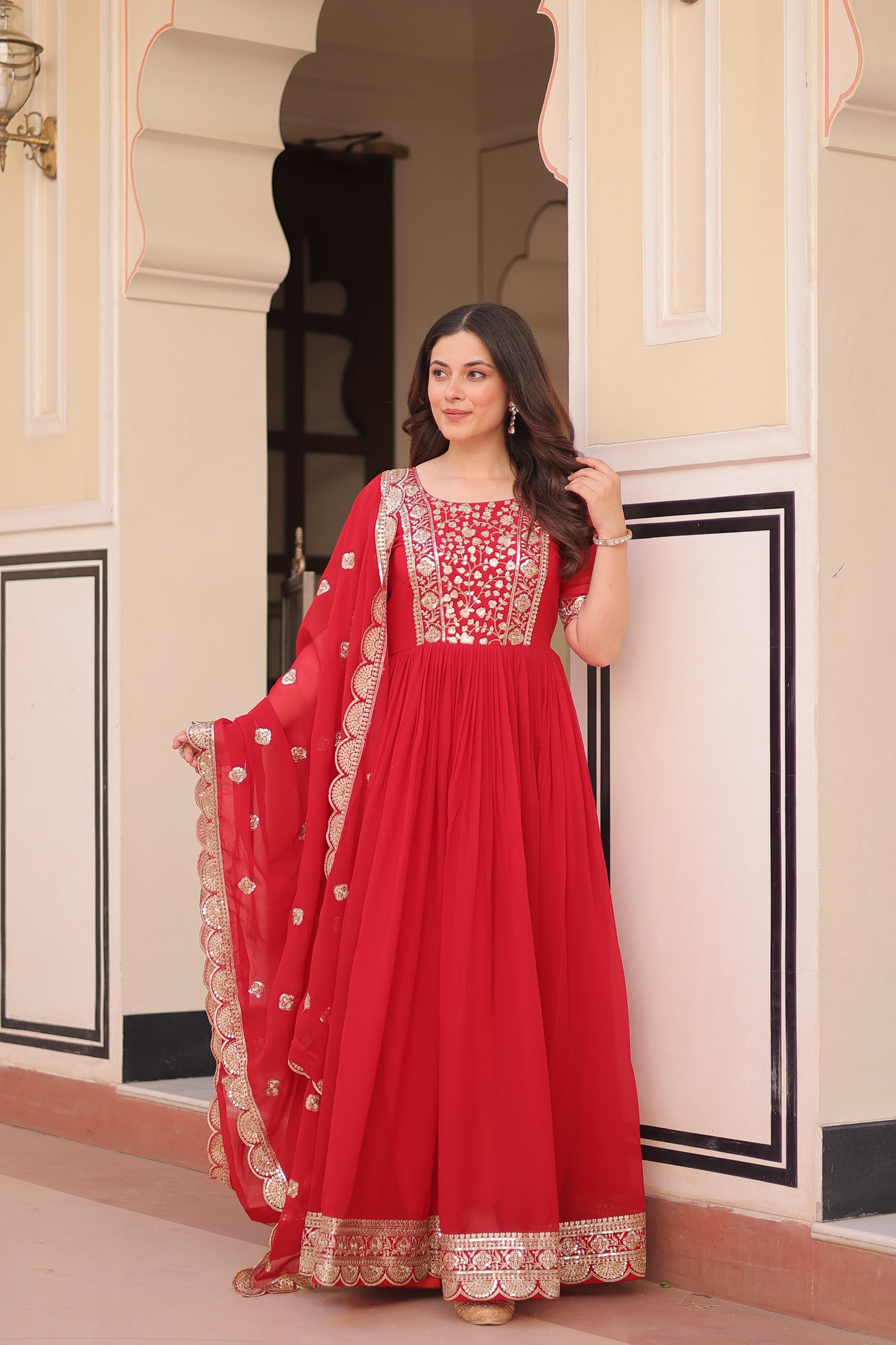 Jyoti Fashion Red Faux Blooming Sequins Embroidered Anarkali Set with Dupatta