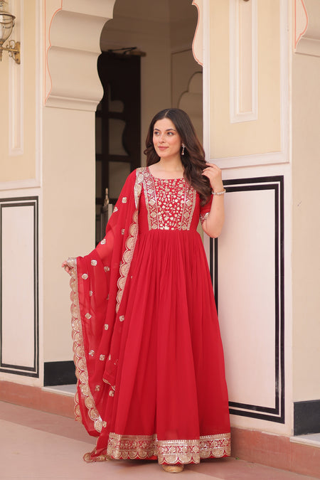 Jyoti Fashion Red Faux Blooming Sequins Embroidered Anarkali Set with Dupatta