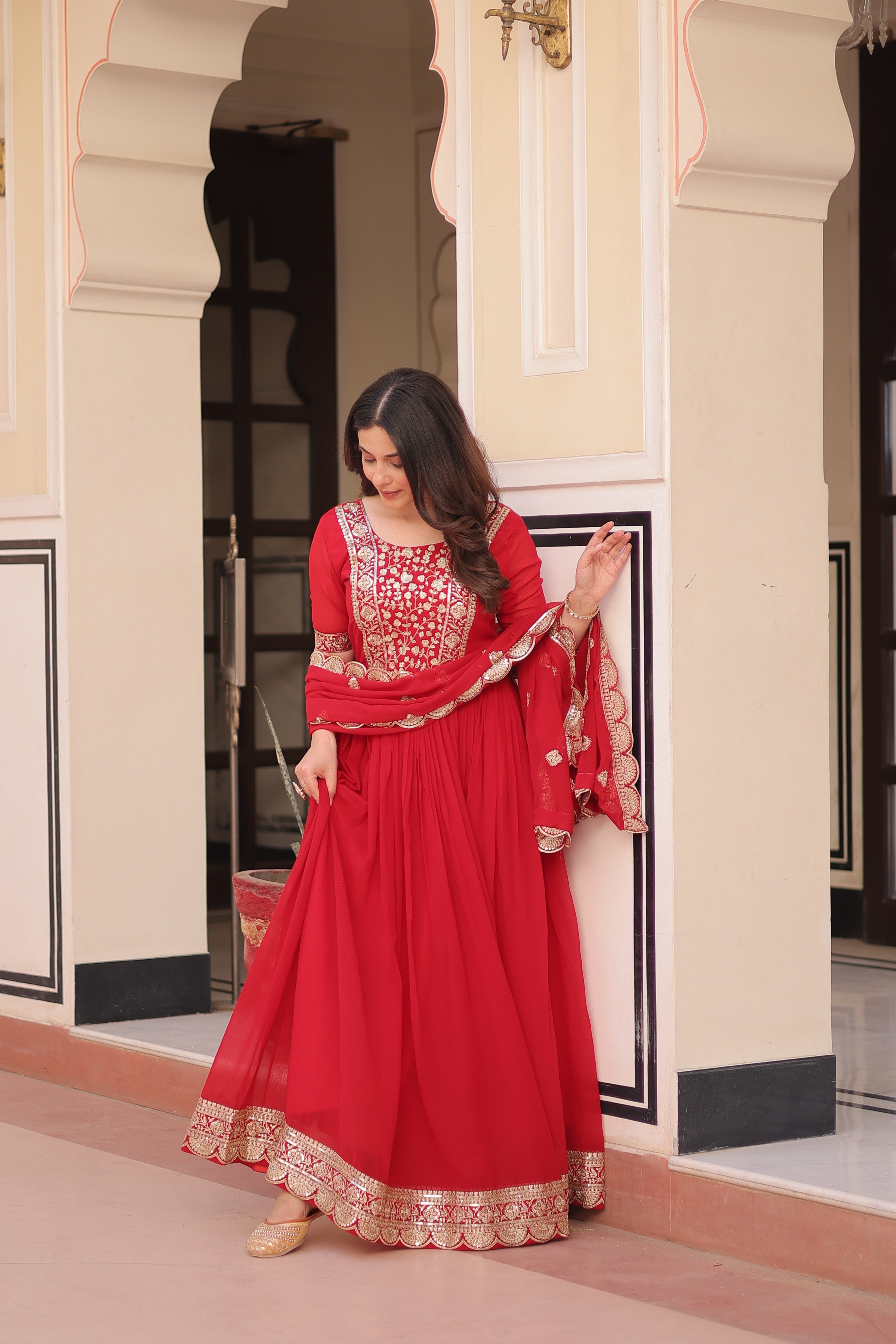 Jyoti Fashion Red Faux Blooming Sequins Embroidered Anarkali Set with Dupatta