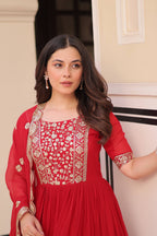Jyoti Fashion Red Faux Blooming Sequins Embroidered Anarkali Set with Dupatta