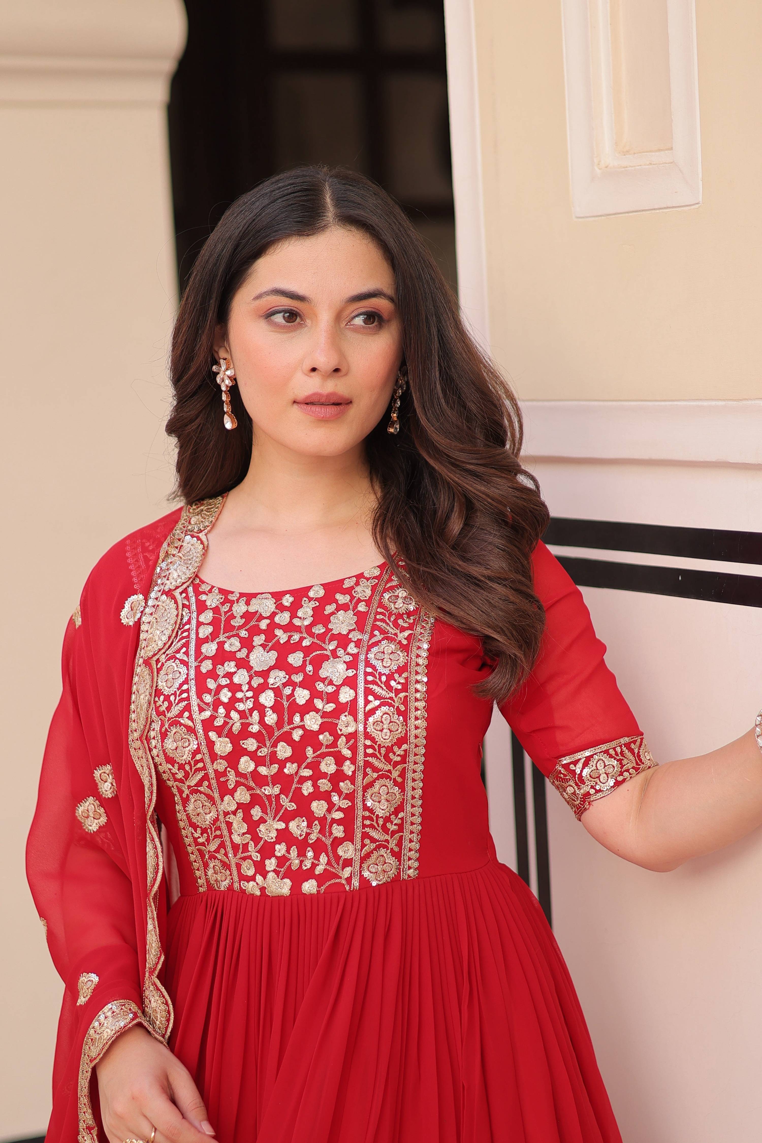 Jyoti Fashion Red Faux Blooming Sequins Embroidered Anarkali Set with Dupatta
