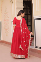 Jyoti Fashion Red Faux Blooming Sequins Embroidered Anarkali Set with Dupatta