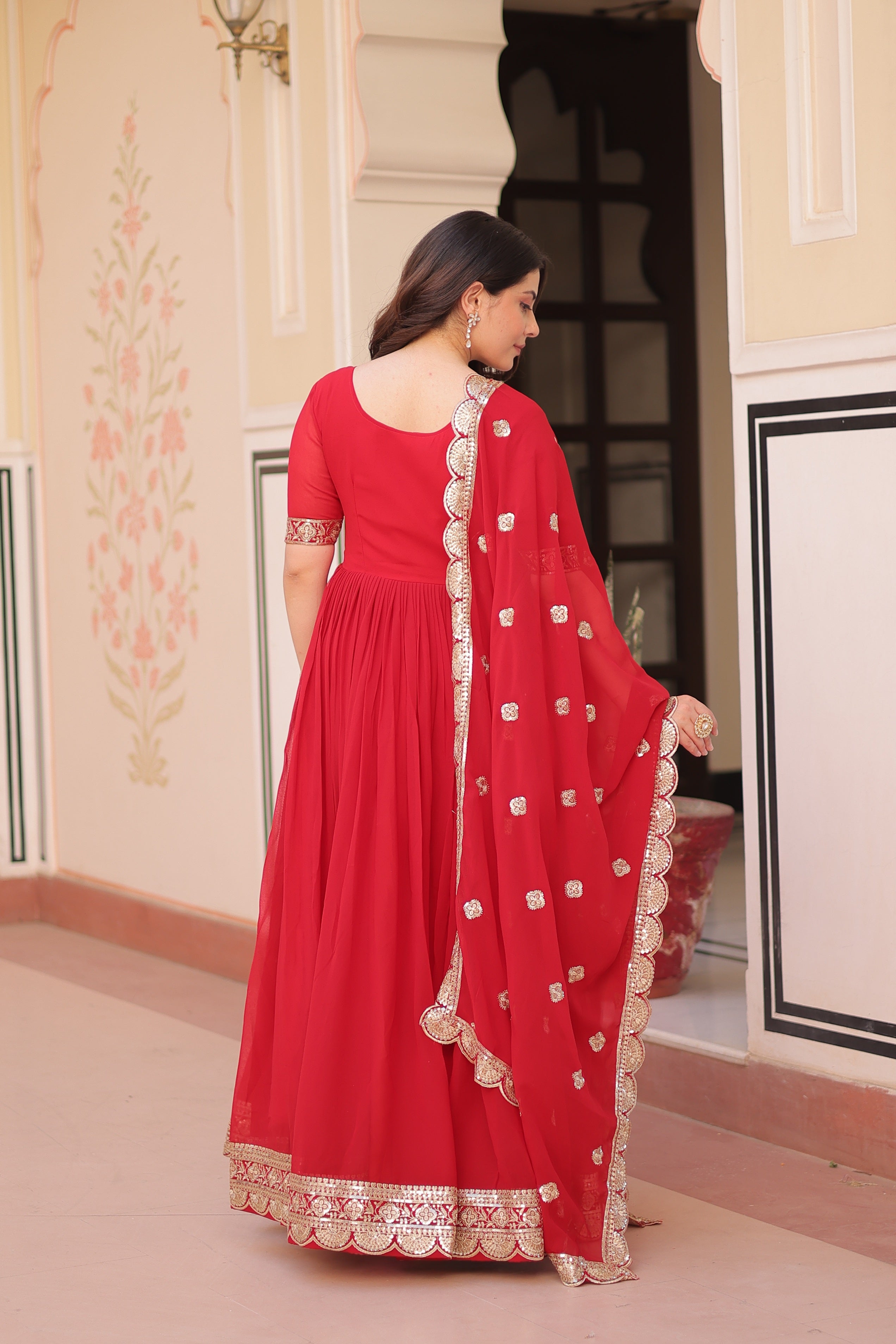 Jyoti Fashion Red Faux Blooming Sequins Embroidered Anarkali Set with Dupatta