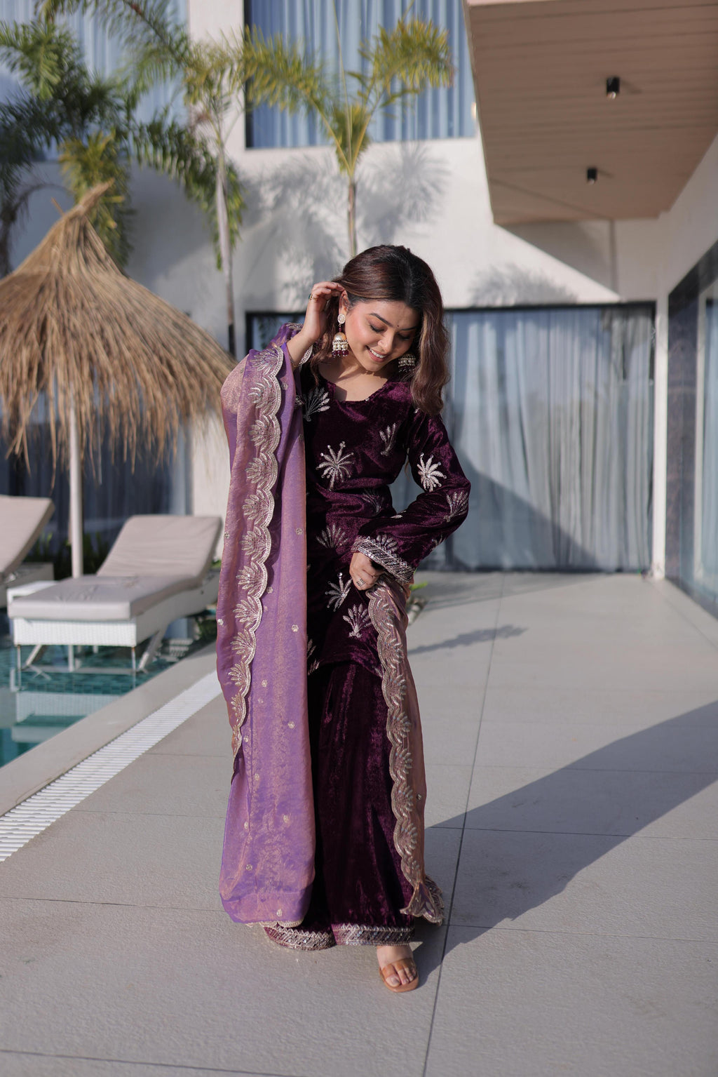 Jyoti Fashion Wine Ice Velvet Embroidered Kurta Set with Dupatta