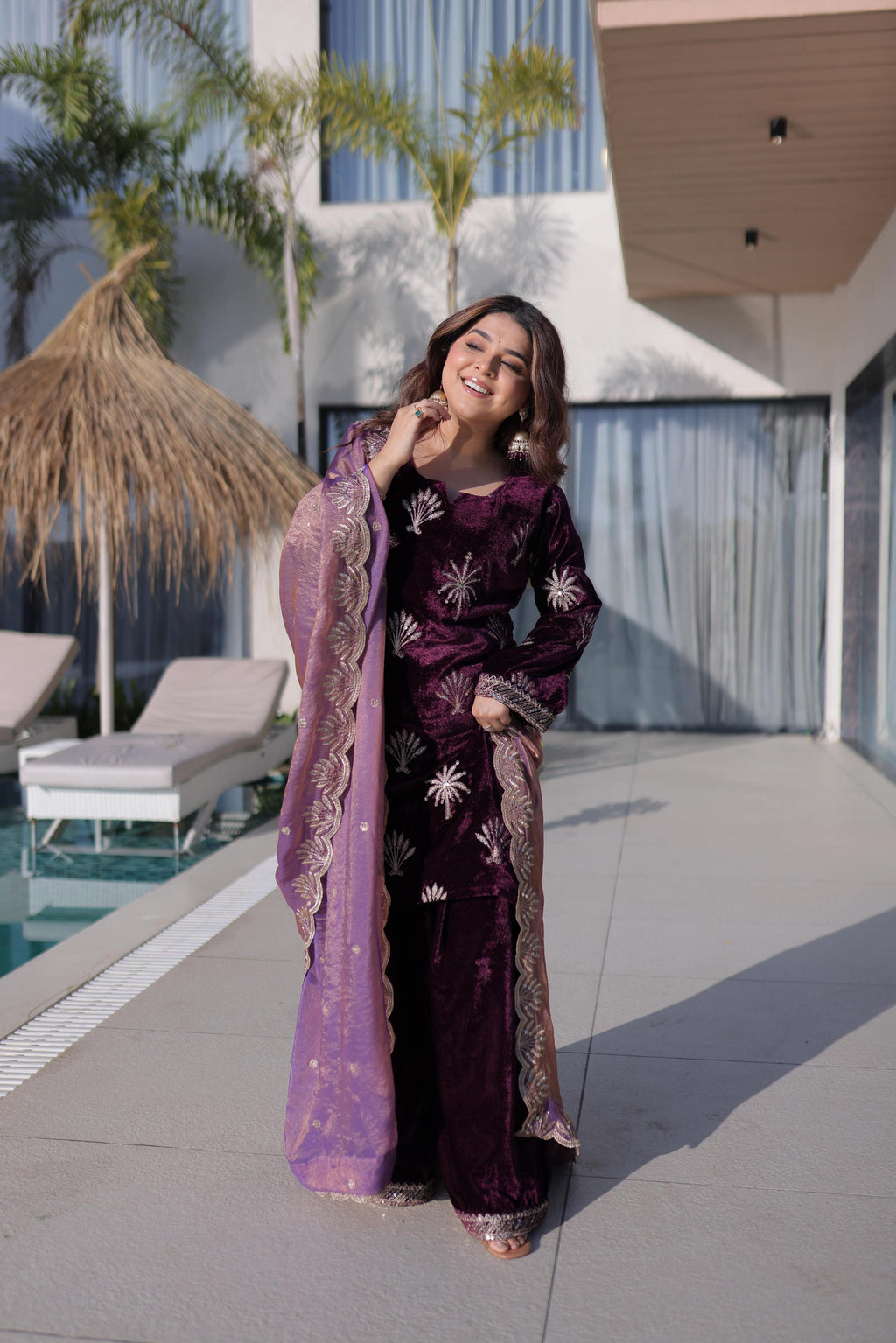 Jyoti Fashion Wine Ice Velvet Embroidered Kurta Set with Dupatta