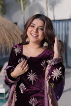 Jyoti Fashion Wine Ice Velvet Embroidered Kurta Set with Dupatta