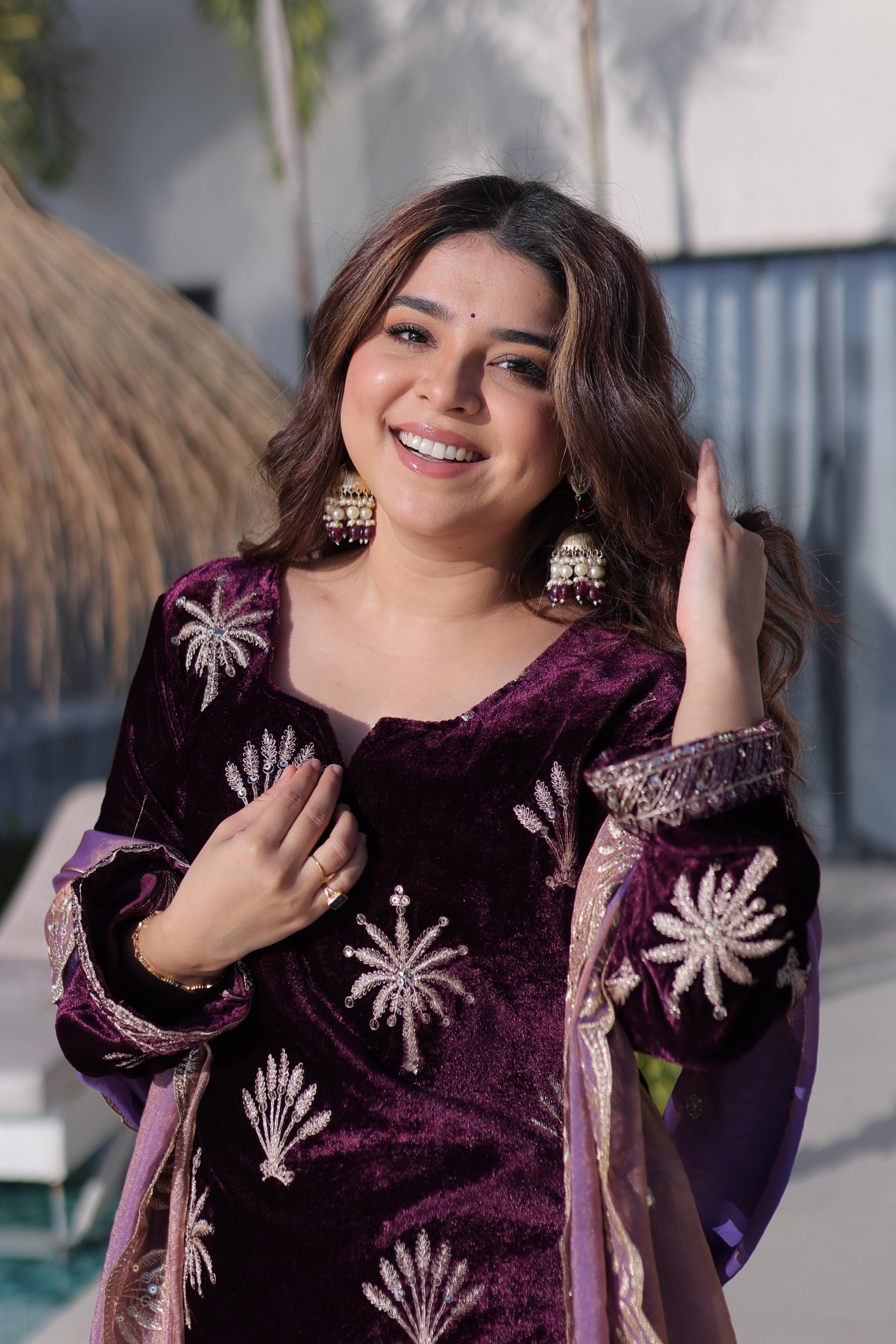 Jyoti Fashion Wine Ice Velvet Embroidered Kurta Set with Dupatta
