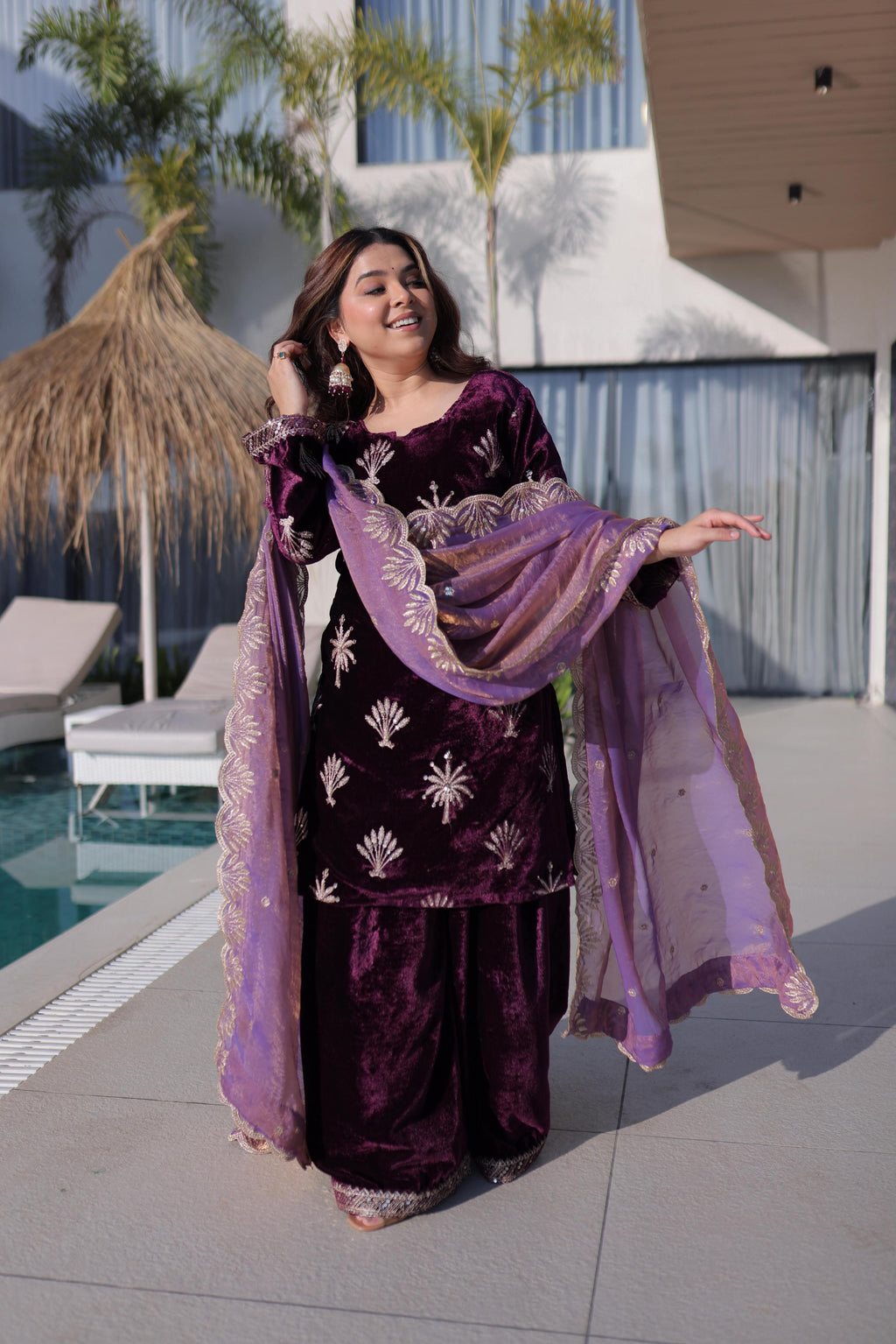Jyoti Fashion Wine Ice Velvet Embroidered Kurta Set with Dupatta