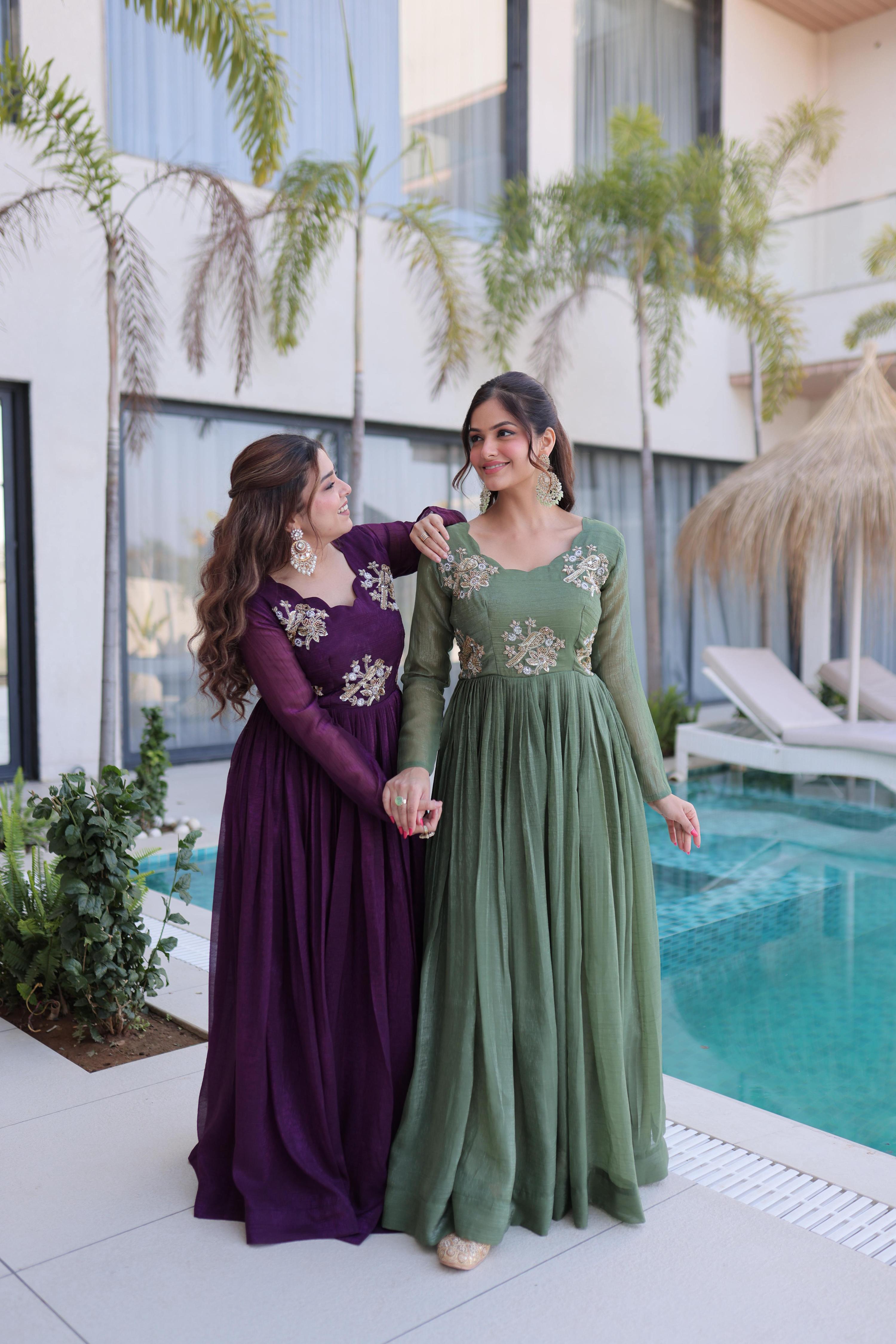Jyoti Fashion Purple & Sea Green Silver Crunchy Beads Embroidered Combo Anarkali Set