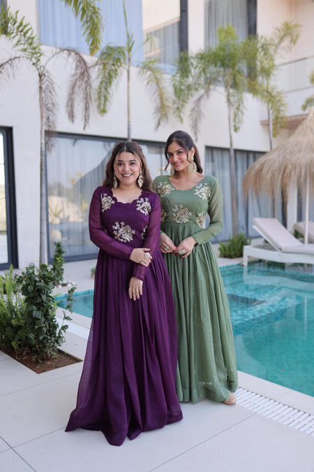 Jyoti Fashion Purple & Sea Green Silver Crunchy Beads Embroidered Combo Anarkali Set