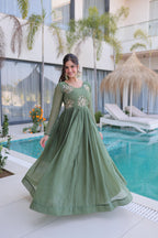 Jyoti Fashion Sea Green Silver Crunchy Beads Embroidered Anarkali Set