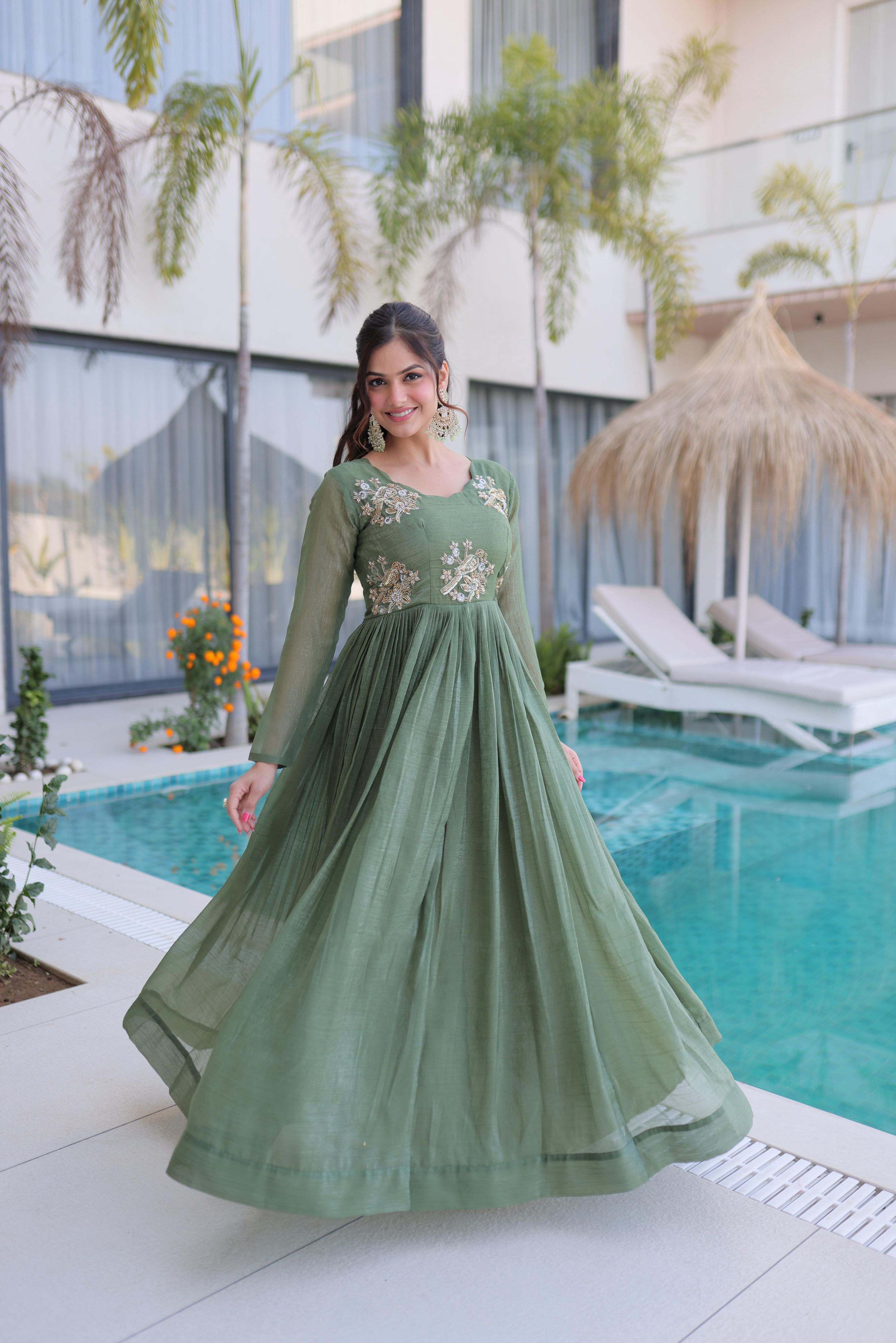 Jyoti Fashion Sea Green Silver Crunchy Beads Embroidered Anarkali Set